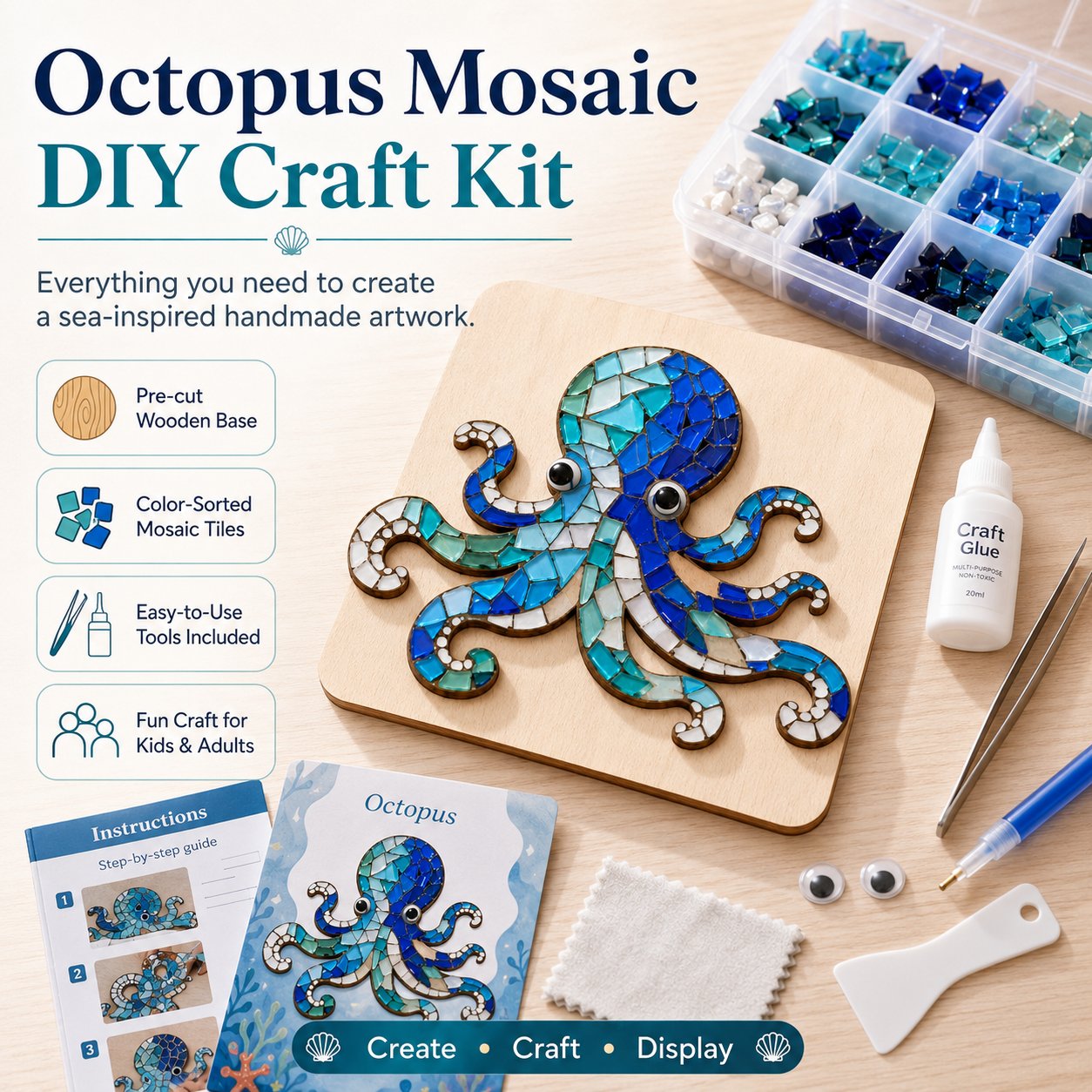 🔥Limited time 70% OFF -🌊 Octopus Mosaic Kit | Beginner-Friendly DIY Glass Craft with Step-by-Step Instructions
