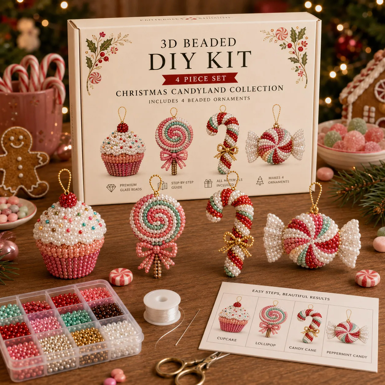 🧘 Relaxing & Beginner-Friendly-💎4-Piece 3D Beaded Christmas Ornament DIY Kit (❤As Seen in the Video)