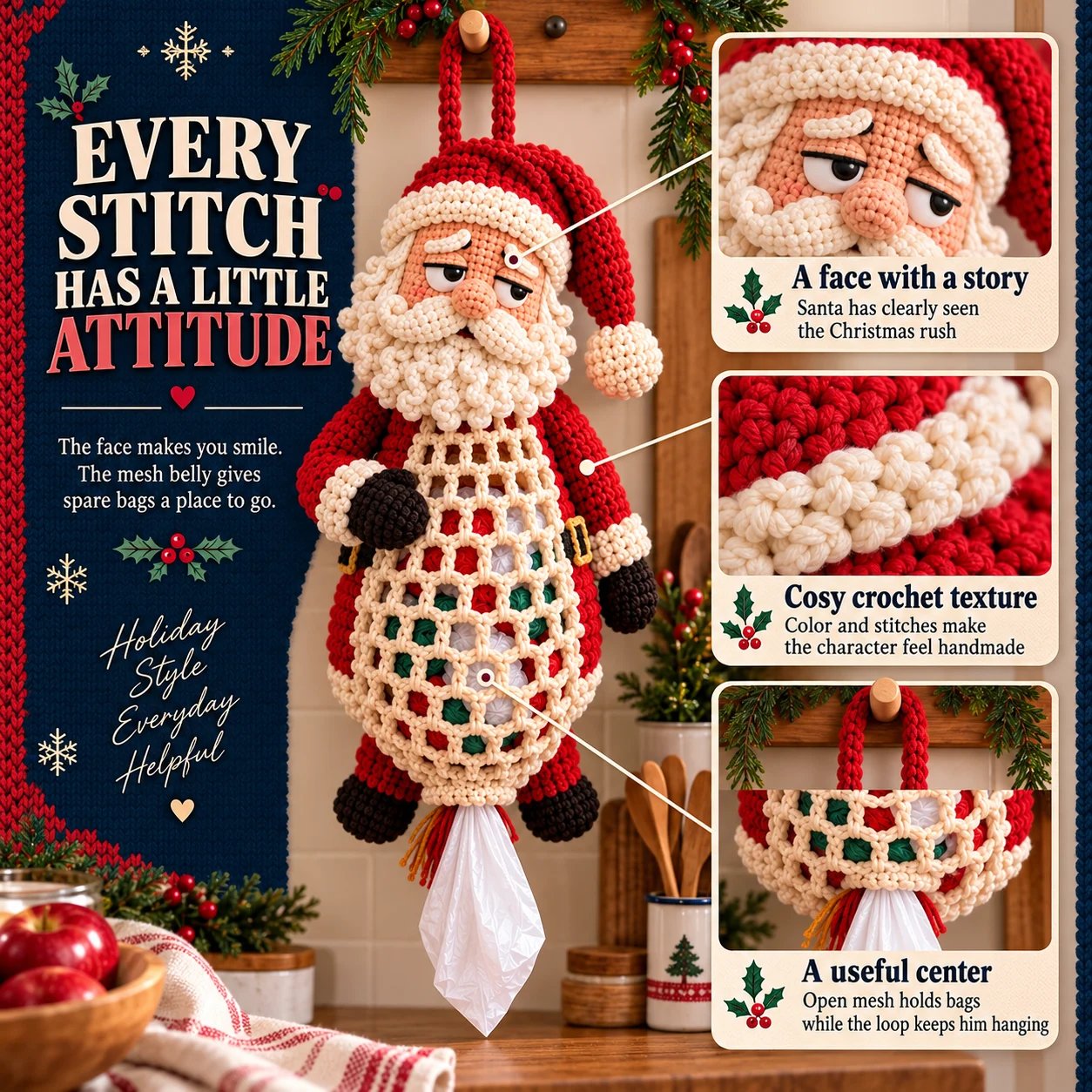 Close-up infographic showing the Santa face, crochet texture and open bag storage center