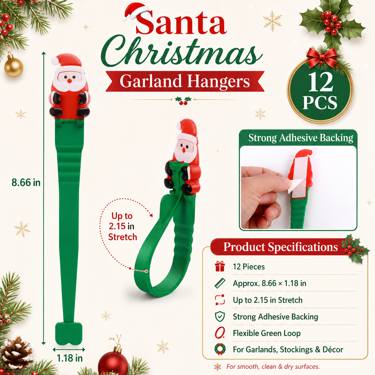 🔥Last 75pcs🎉-🎄🎅 Santa Claus Adhesive Hooks (12-Pack) — no drills, no nails, just peel, stick, and hang