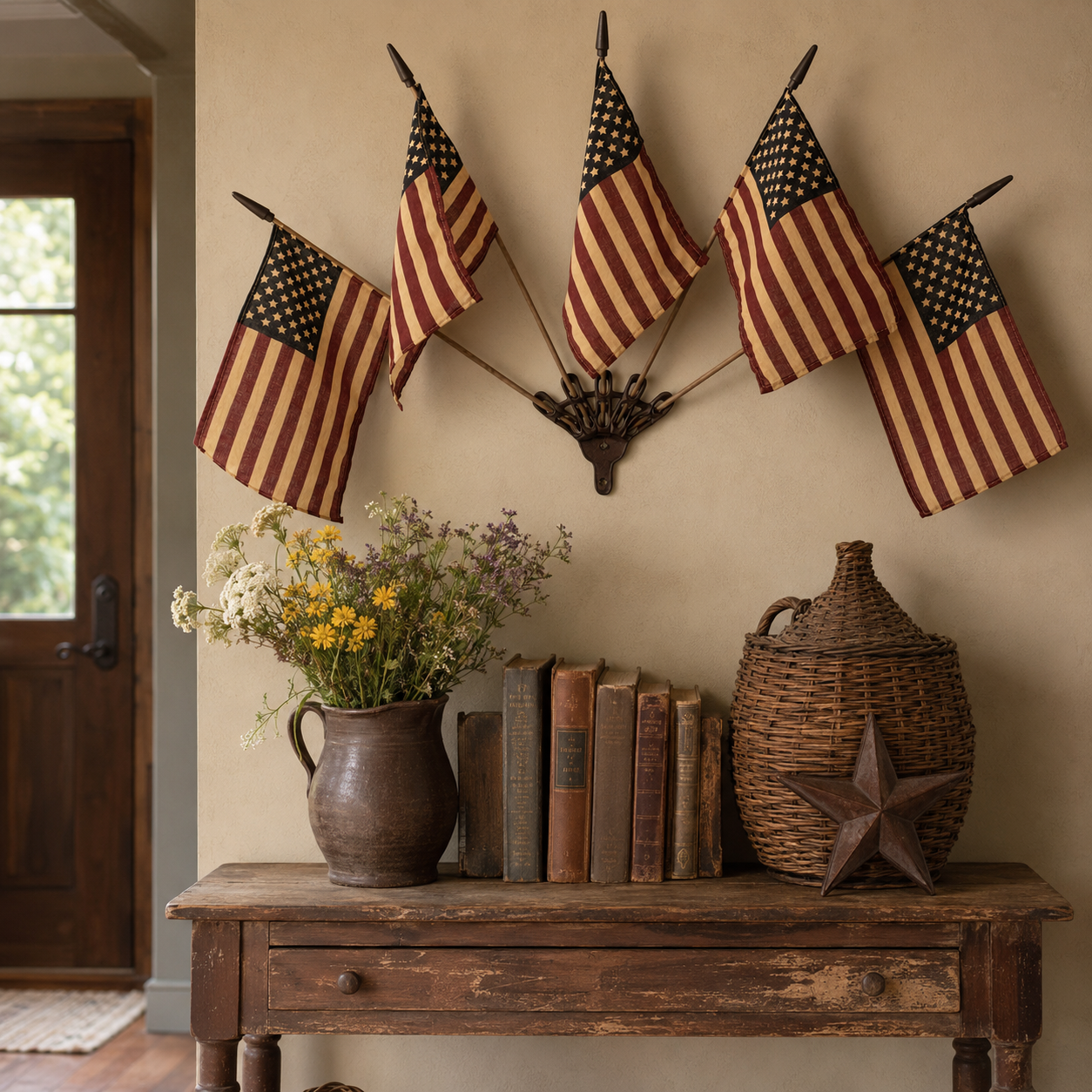 🇺🇸 Celebrate America's 250th Anniversary🎉 | Five Tea-Stained Flags Rustic Cast Iron Wall Display