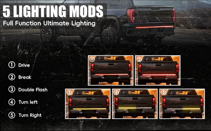 DIBMS升级版60英寸LED尾门灯条，带跌落警示信号、箭头转向灯、IP67防水、红色和琥珀色高亮度LED灯、氛围灯条