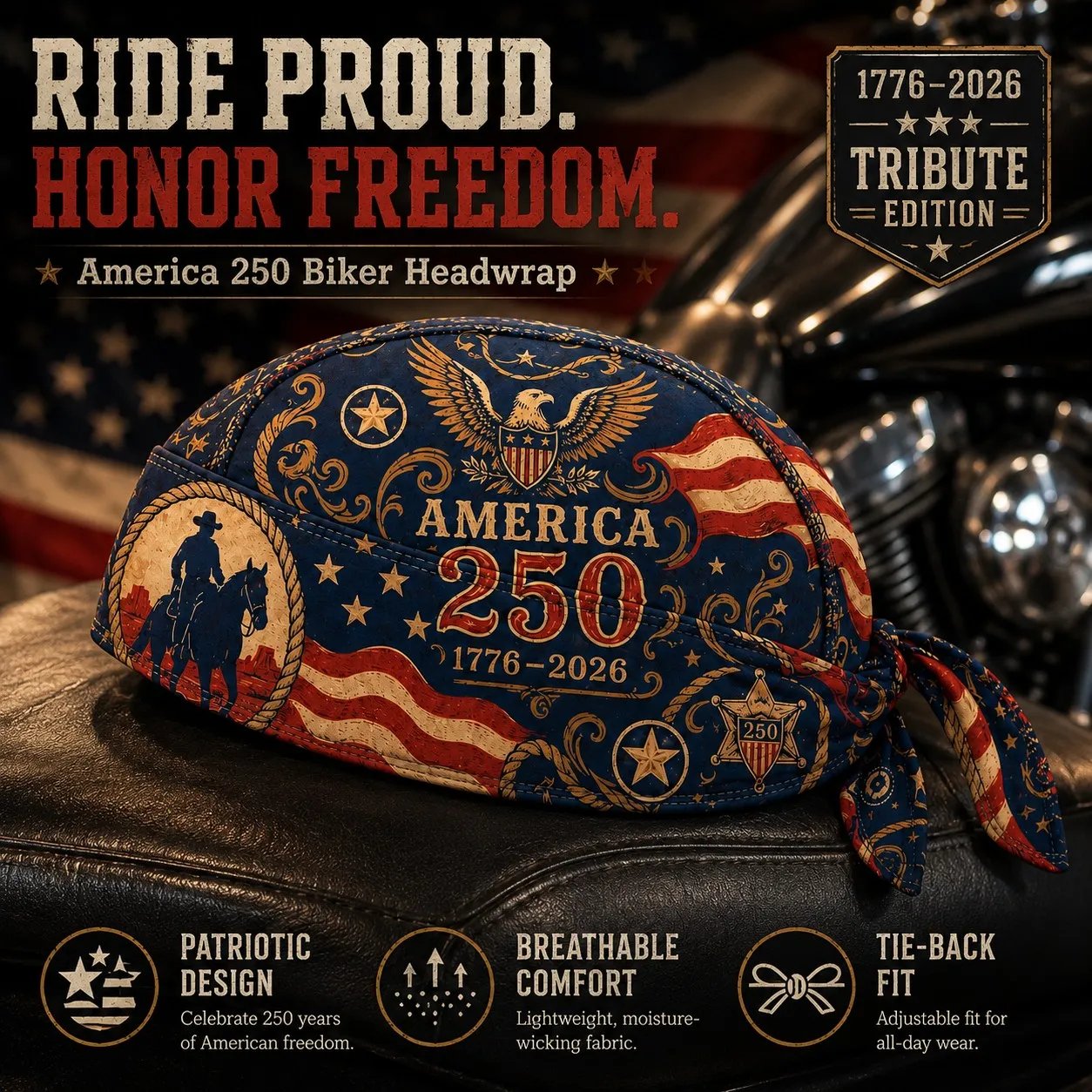 🔥LAST DAY 49% OFF - 🦅America 250 Cycling Pirate Hat / Biker Headwrap🏍️💨