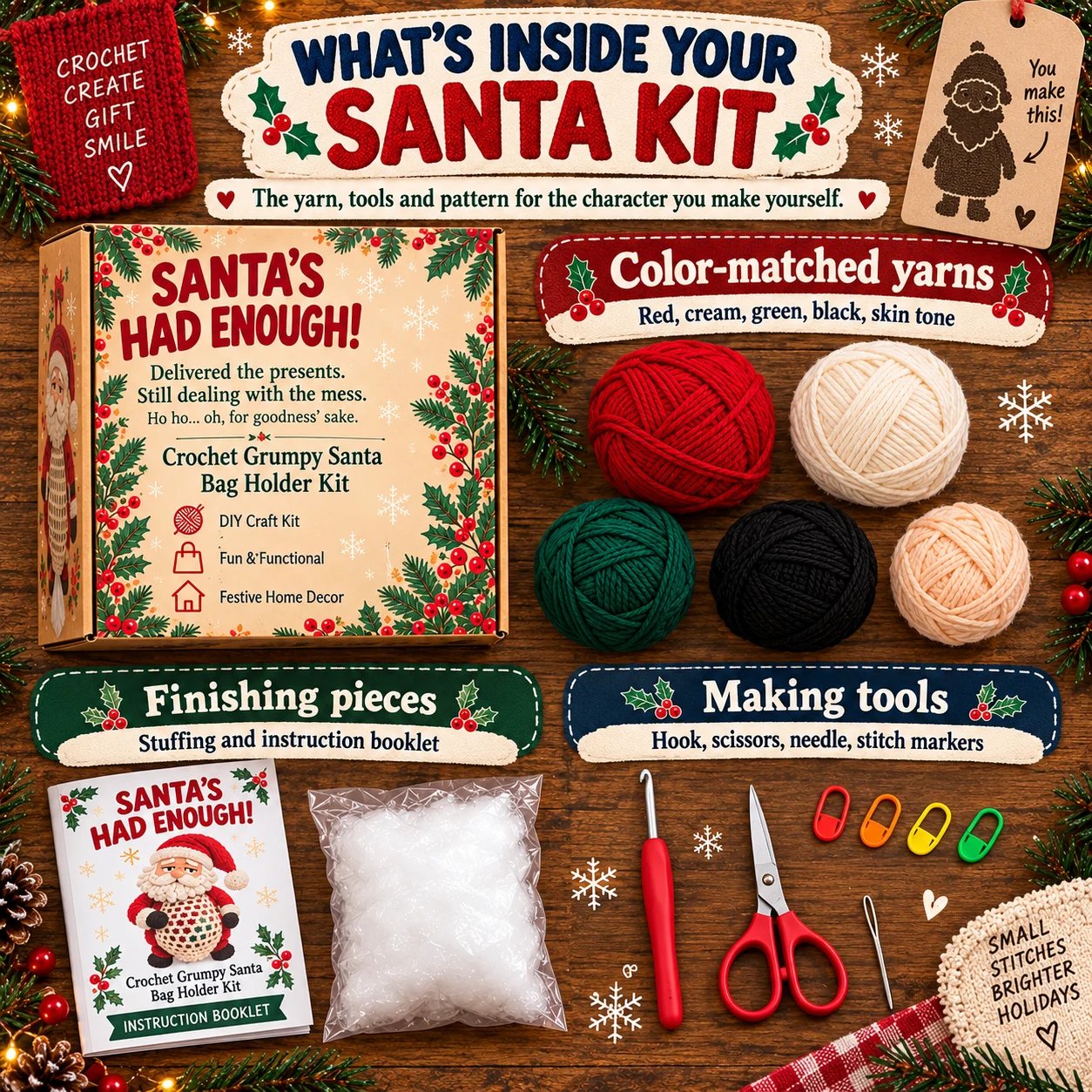 Santa kit contents image showing color-matched yarn, stuffing, instruction booklet, crochet hook, scissors, needle and stitch markers