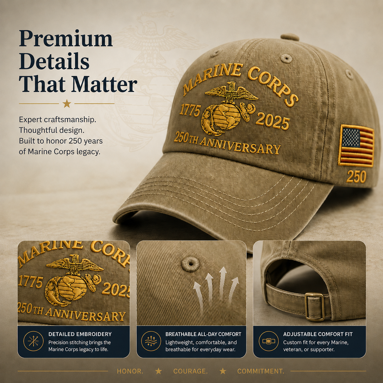 ⚡ Limited Production -Stock Moves Quickly ⚡250th USMC Retro Embroidered Cover🎁 Free Honor Coin With Every Cap Purchase