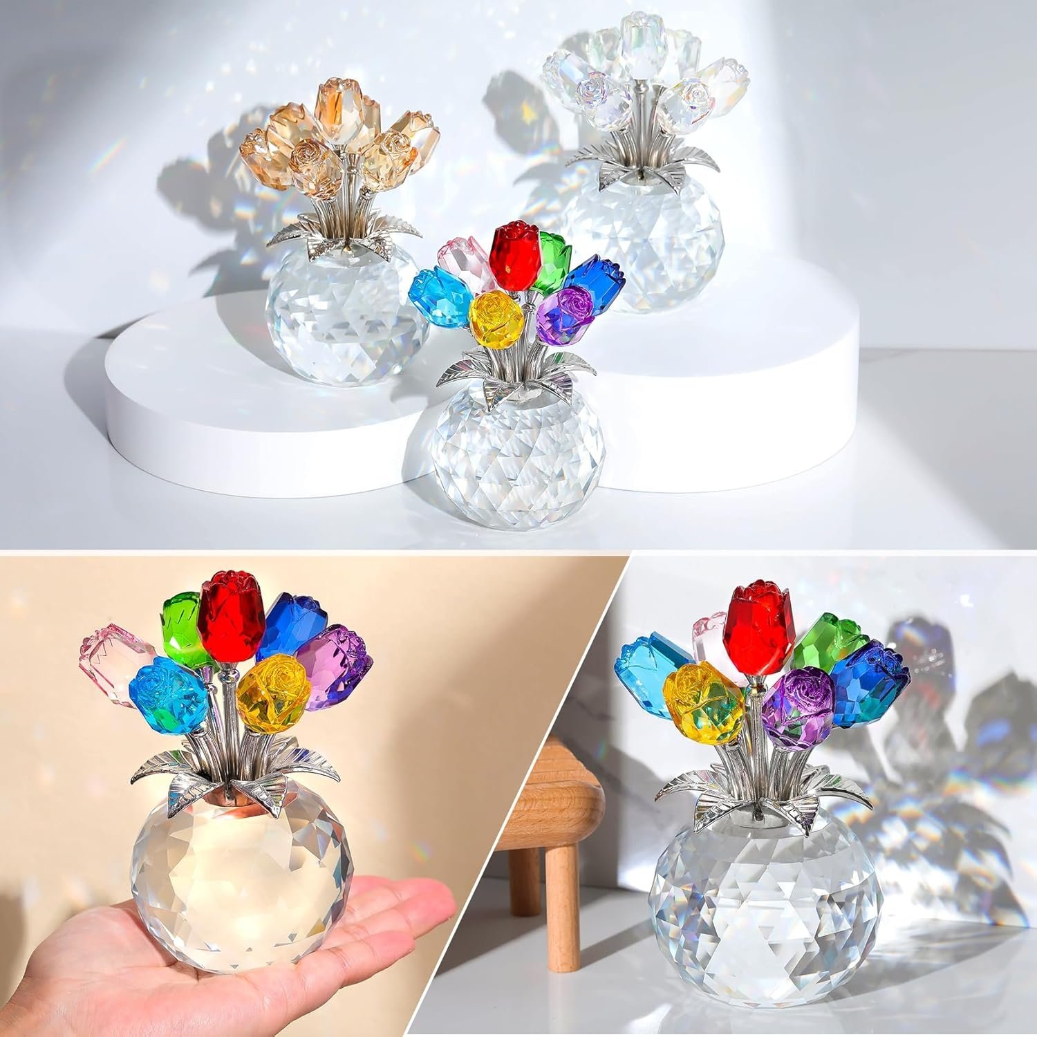 🔥 New Year Hot Sale 49% OFF 🌹🎁Crystal Colorful Rose Flower Collectible Figurine with Vase✨🌸