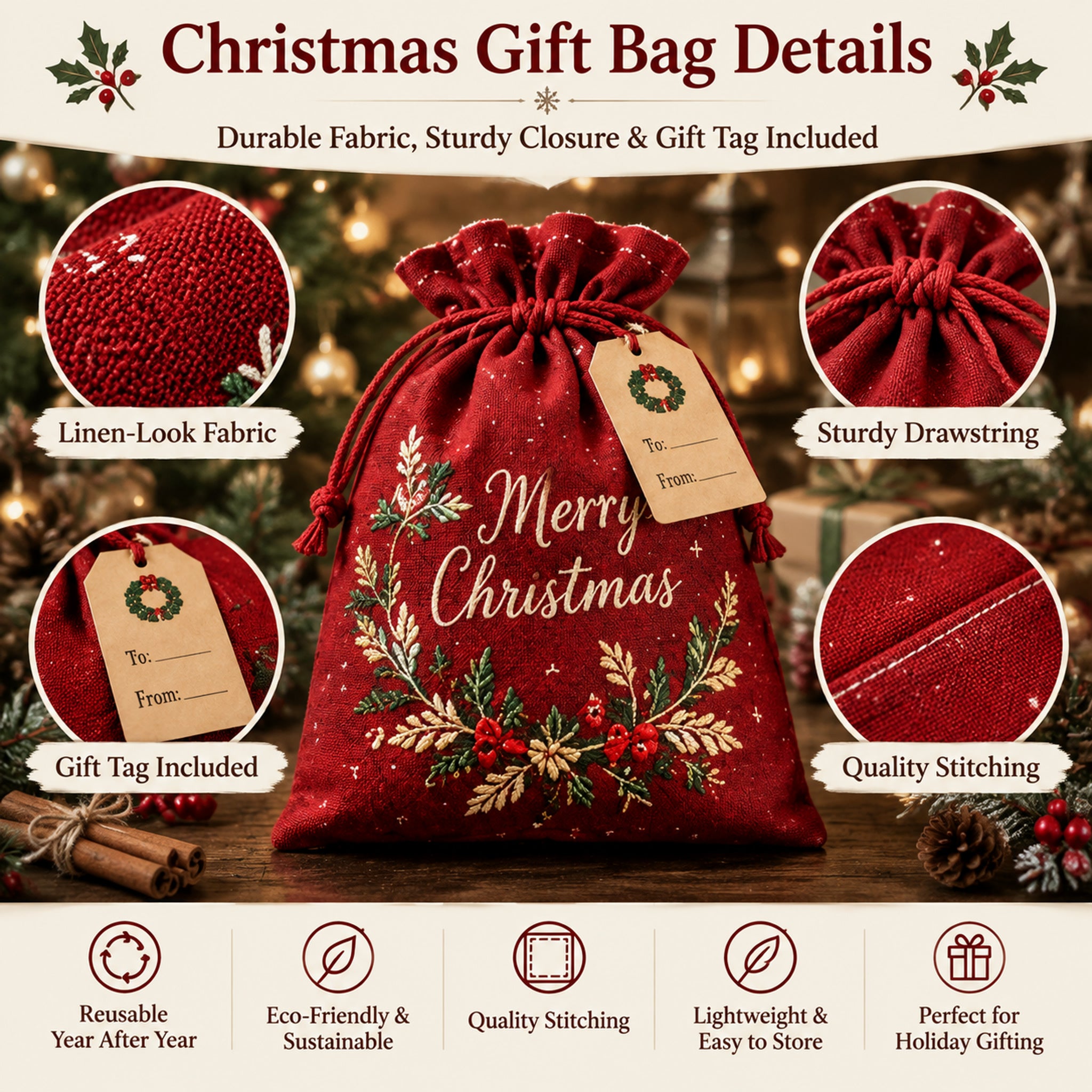 🔥Last 75pcs🎉-🎄🎁Christmas Gift Sacks 6-Pack – Reusable Linen Drawstring Gift Bags with Tags 