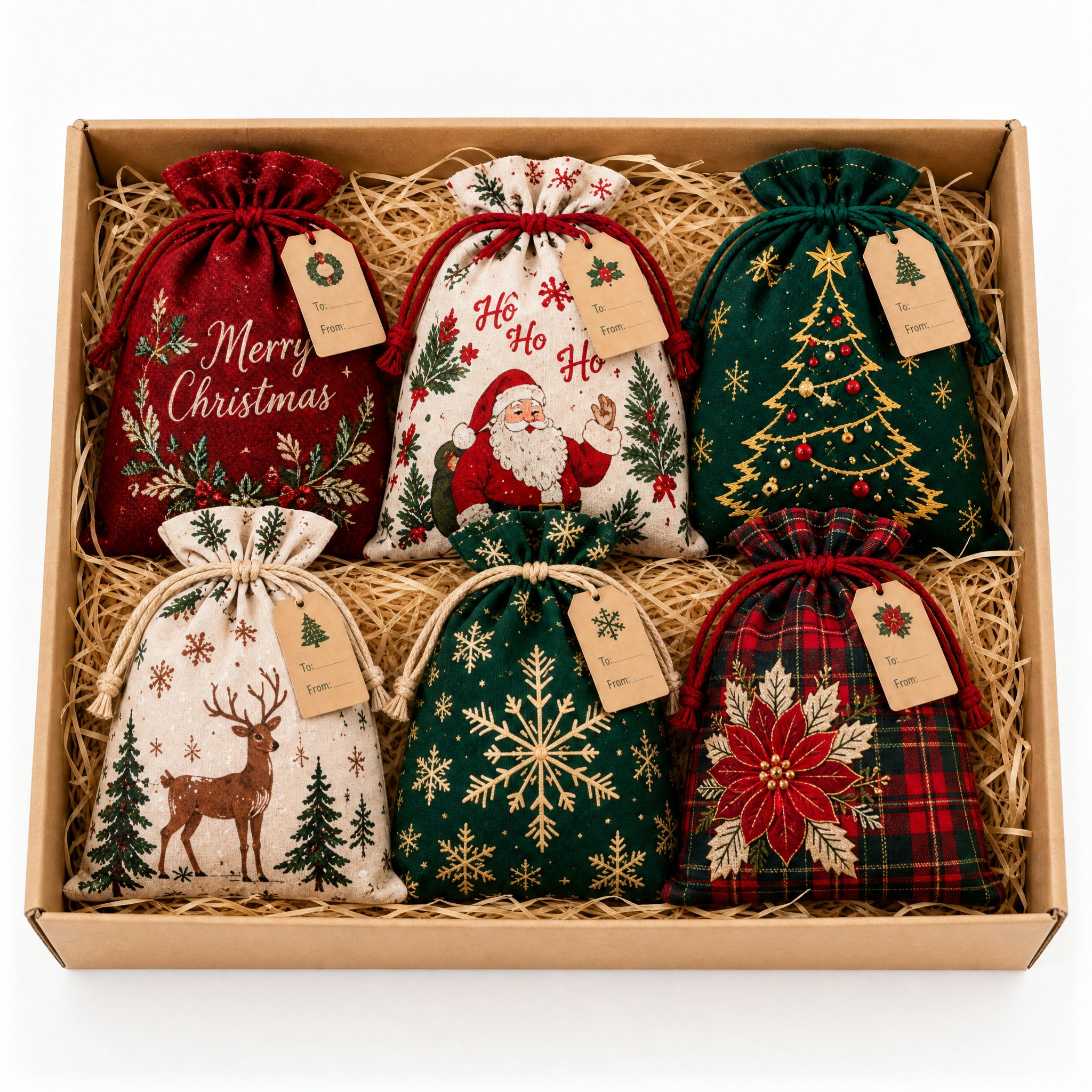 🔥Last 75pcs🎉-🎄🎁Christmas Gift Sacks 6-Pack – Reusable Linen Drawstring Gift Bags with Tags 
