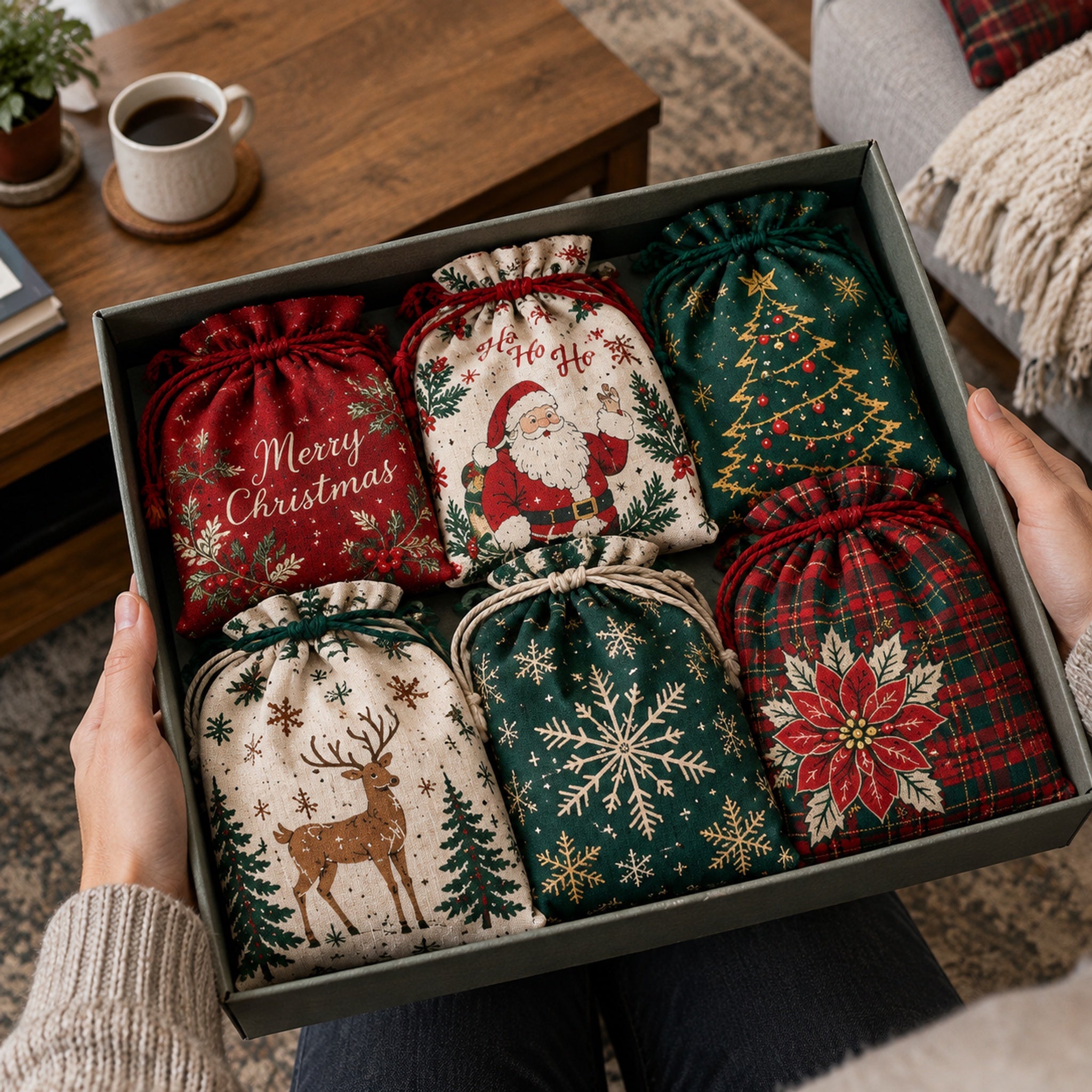 🔥Last 75pcs🎉-🎄🎁Christmas Gift Sacks 6-Pack – Reusable Linen Drawstring Gift Bags with Tags 
