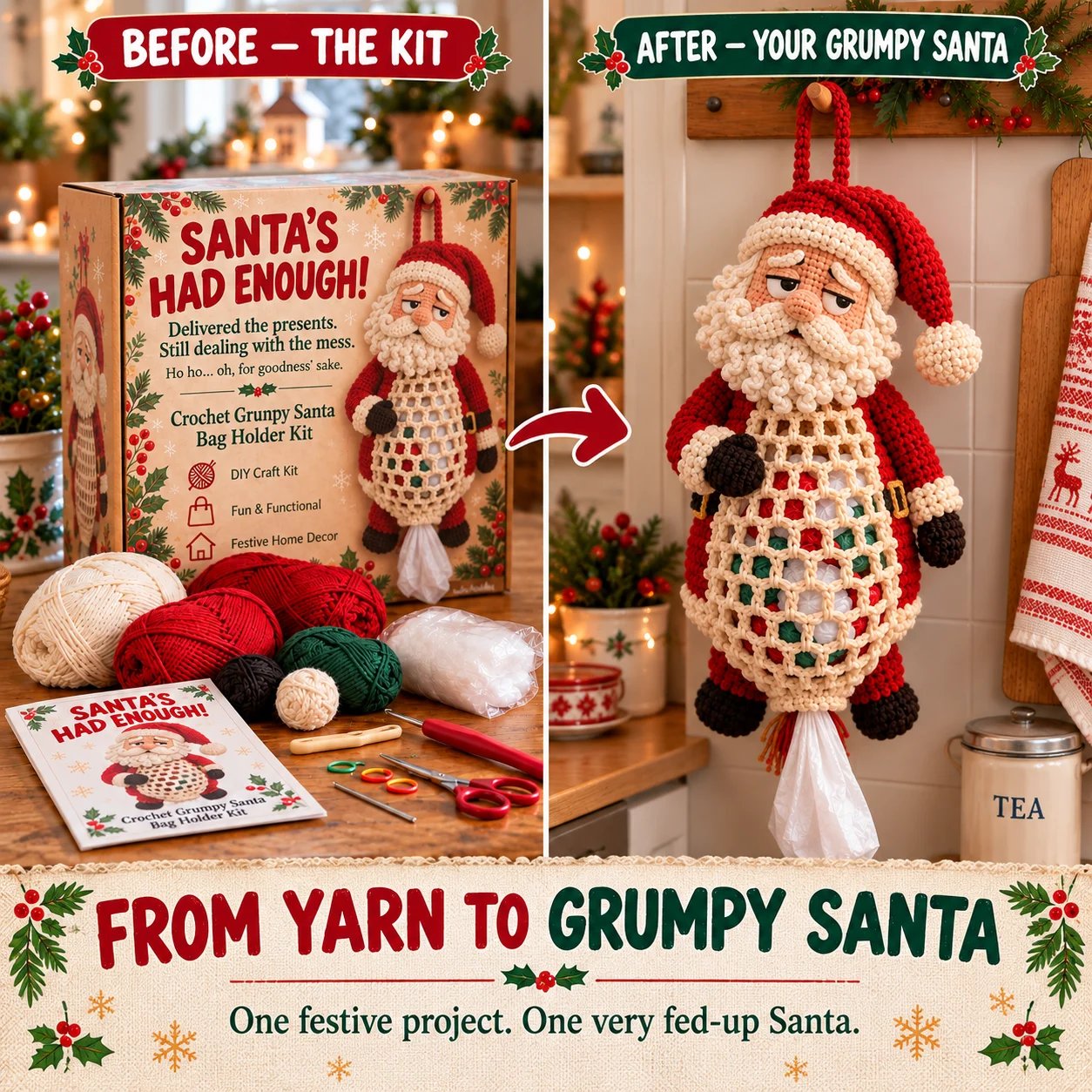 Before and after view of the Santa crochet kit becoming a finished hanging bag holder