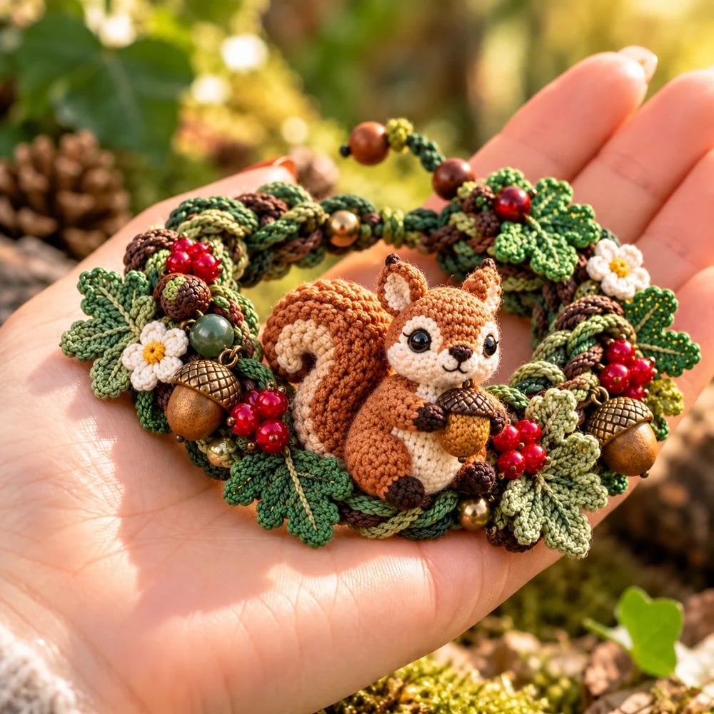 Acorn Squirrel woodland crochet bracelet