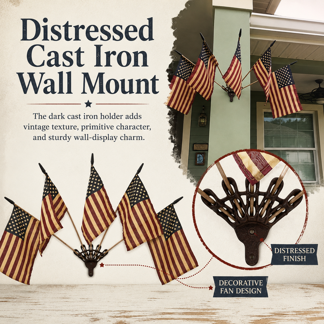 🇺🇸 Celebrate America's 250th Anniversary🎉 | Five Tea-Stained Flags Rustic Cast Iron Wall Display