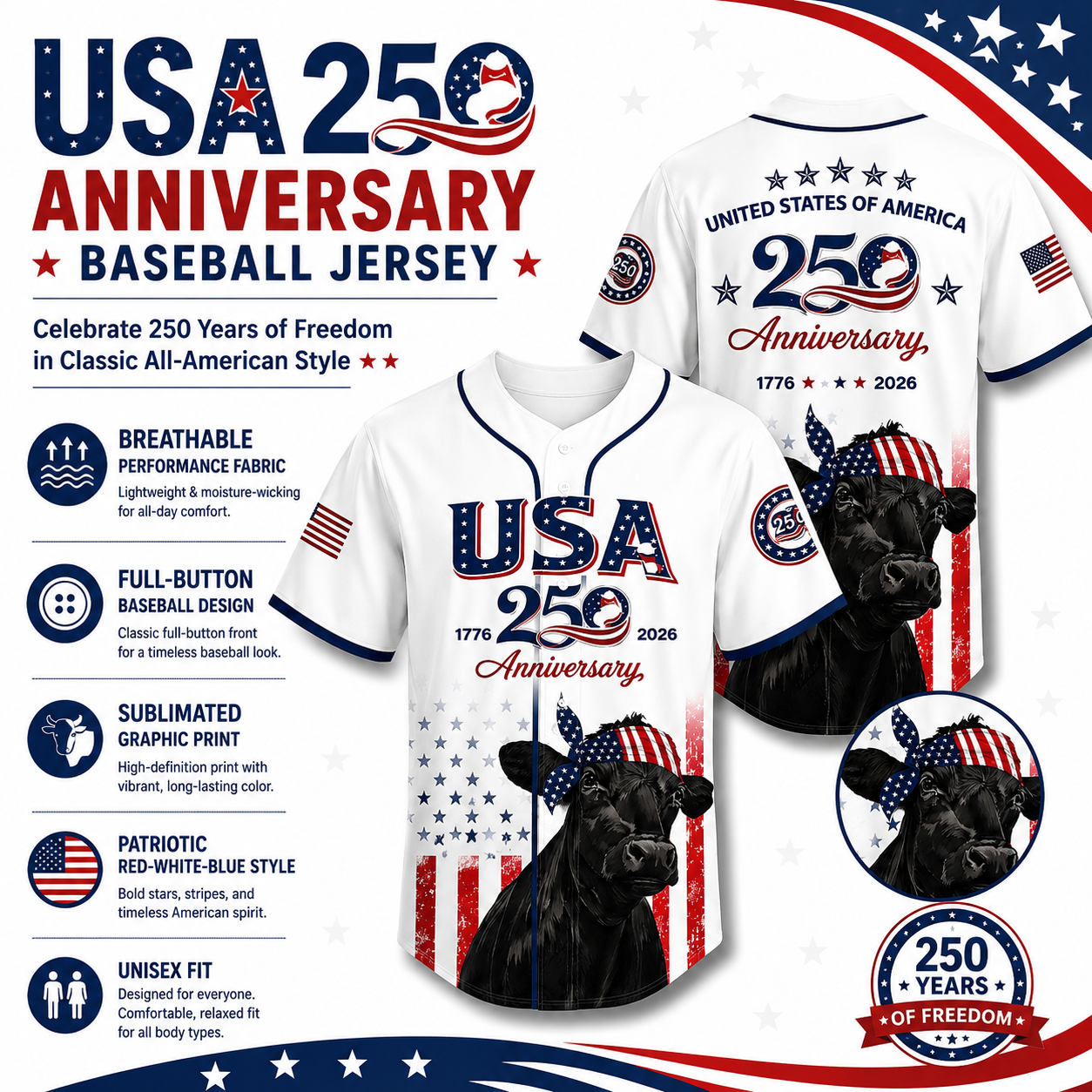 🔥250th Anniversary 70% OFF -🎆⚾250th Anniversary Patriotic Jersey — A Perfect 4th of July Outfit