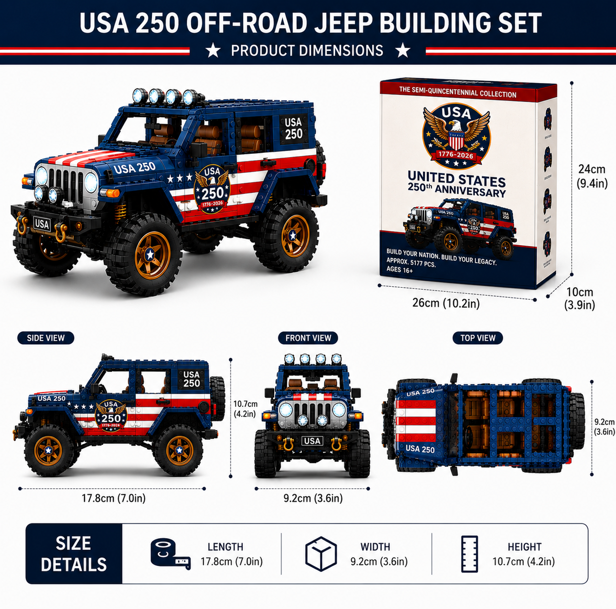 🔥 Limited Edition 🎁 USA 250 Off-Road Jeep Building Set