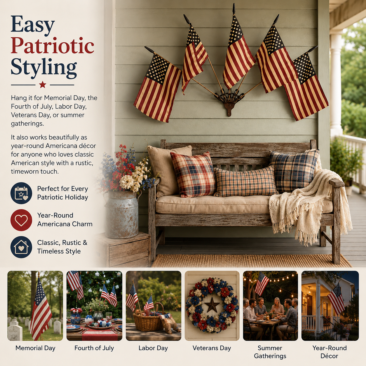 🇺🇸 Celebrate America's 250th Anniversary🎉 | Five Tea-Stained Flags Rustic Cast Iron Wall Display