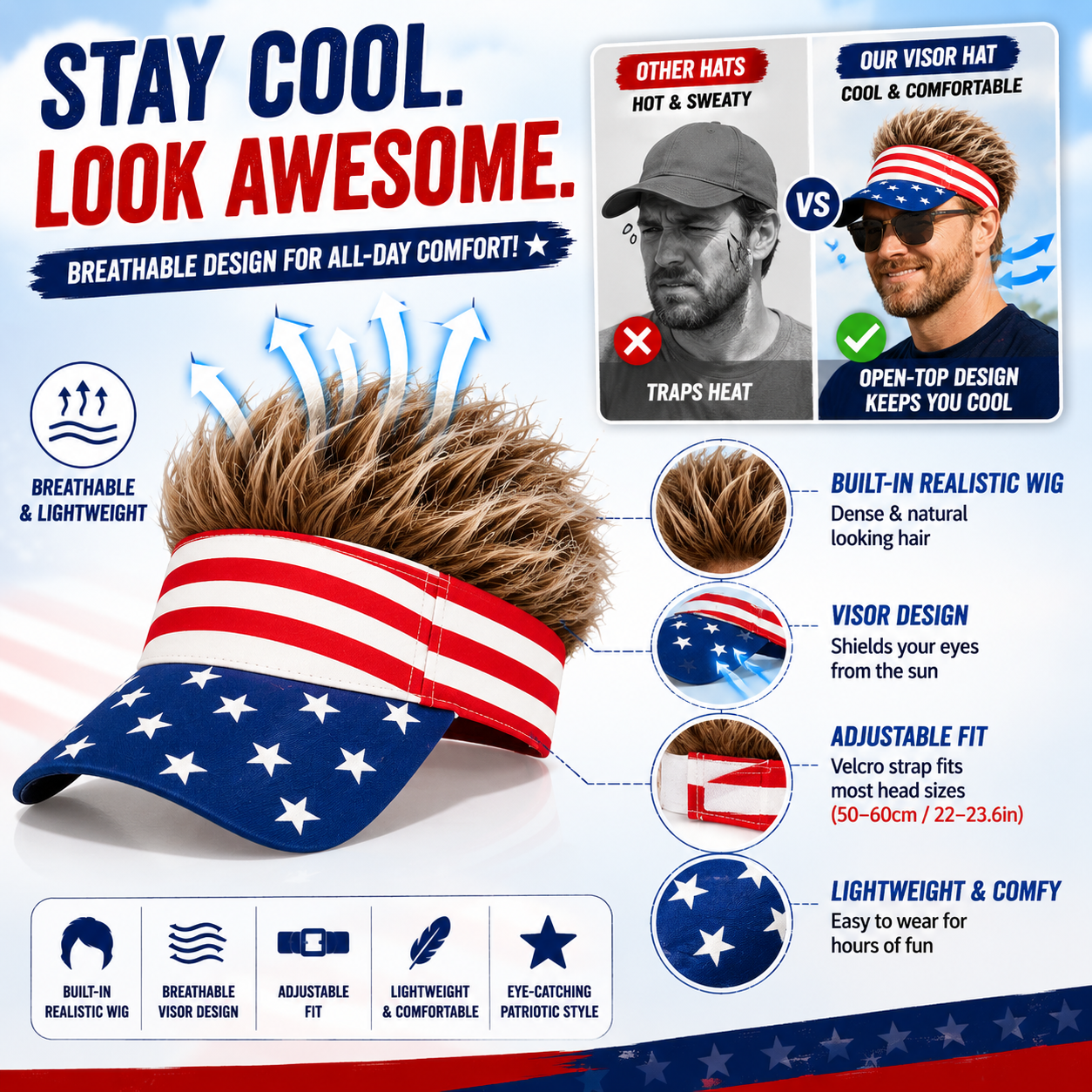 🎉American Flag Wig Hat - Celebrate 250 Years of American Heritage in Style!
