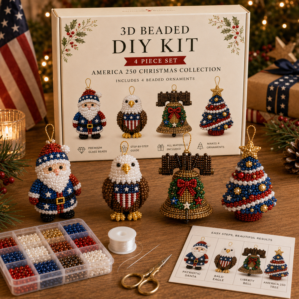 🧘 Relaxing & Beginner-Friendly — 💎 4-Piece 3D Beaded Christmas Ornament DIY Kit (❤ As Seen in the Video)