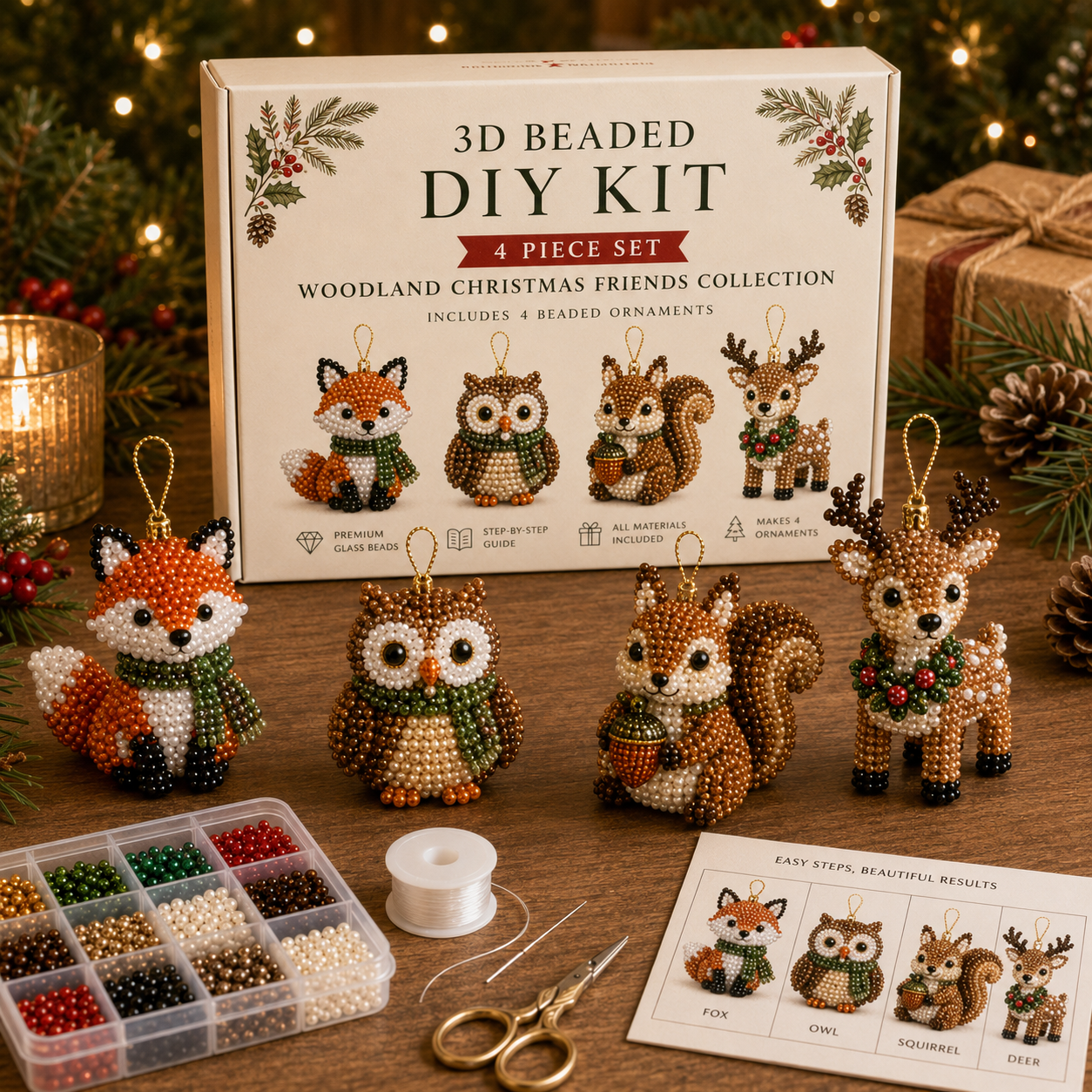 🧘 Relaxing & Beginner-Friendly — 💎 4-Piece 3D Beaded Christmas Ornament DIY Kit (❤ As Seen in the Video)