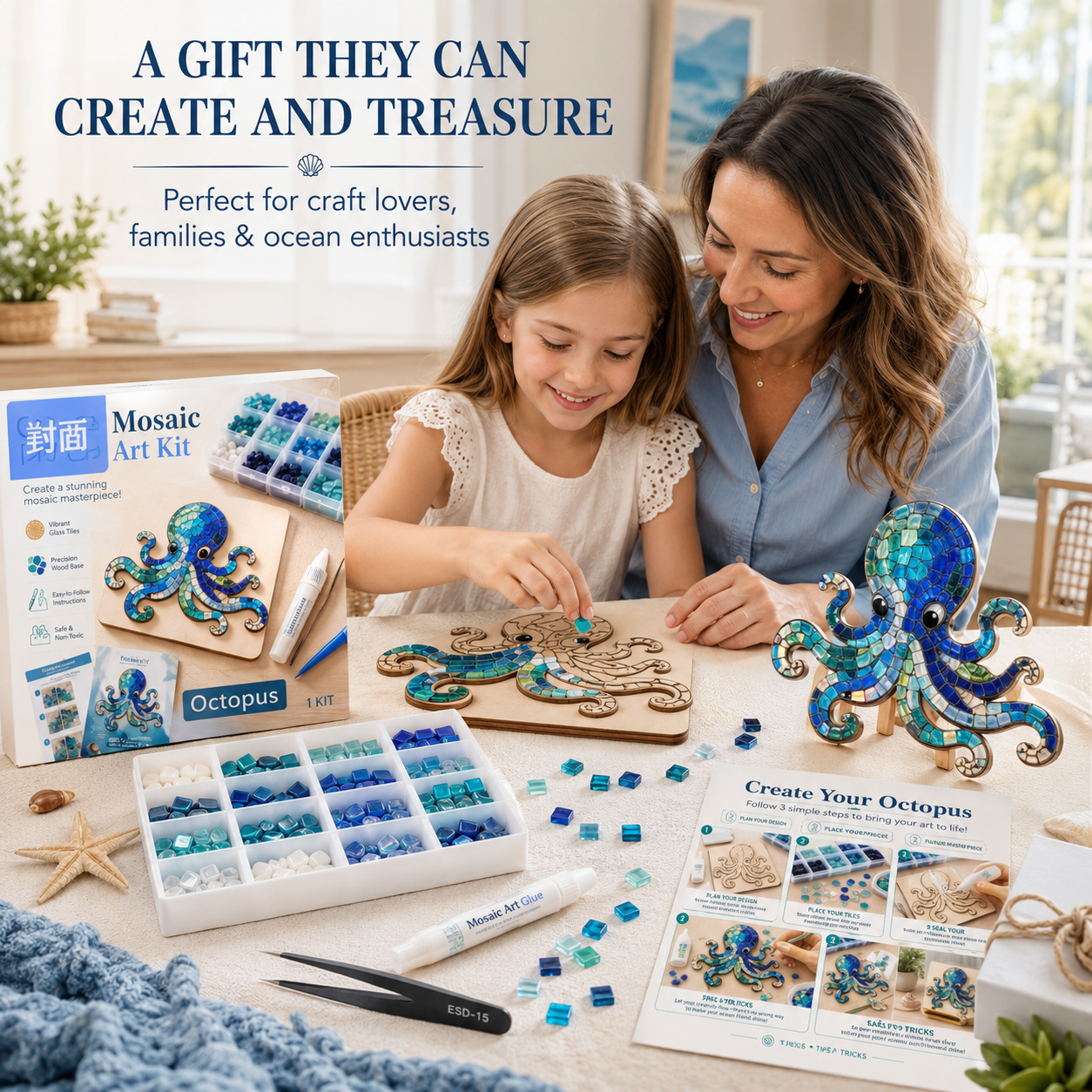 🔥Limited time 70% OFF -🌊💙 Octopus Mosaic Kit | Beginner-Friendly DIY Glass Craft with Step-by-Step Instructions
