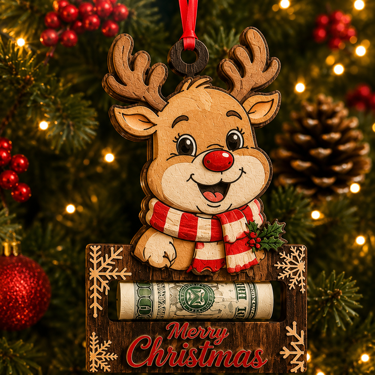 🔥Last 40pcs🎉-✨🎄 Wooden Christmas Cash Gift Holder Ornament – Make Cash Feel Like a Real Christmas Gift