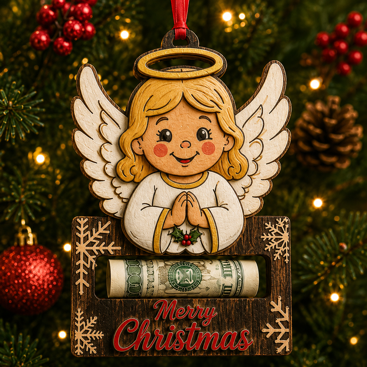 🔥Last 40pcs🎉-✨🎄 Wooden Christmas Cash Gift Holder Ornament – Make Cash Feel Like a Real Christmas Gift