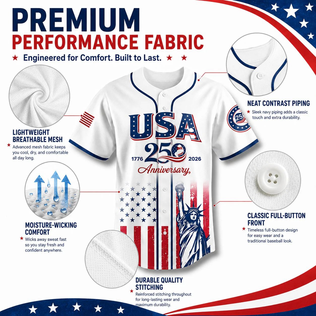 🔥250th Anniversary 70% OFF -🎆⚾250th Anniversary Patriotic Jersey — A Perfect 4th of July Outfit