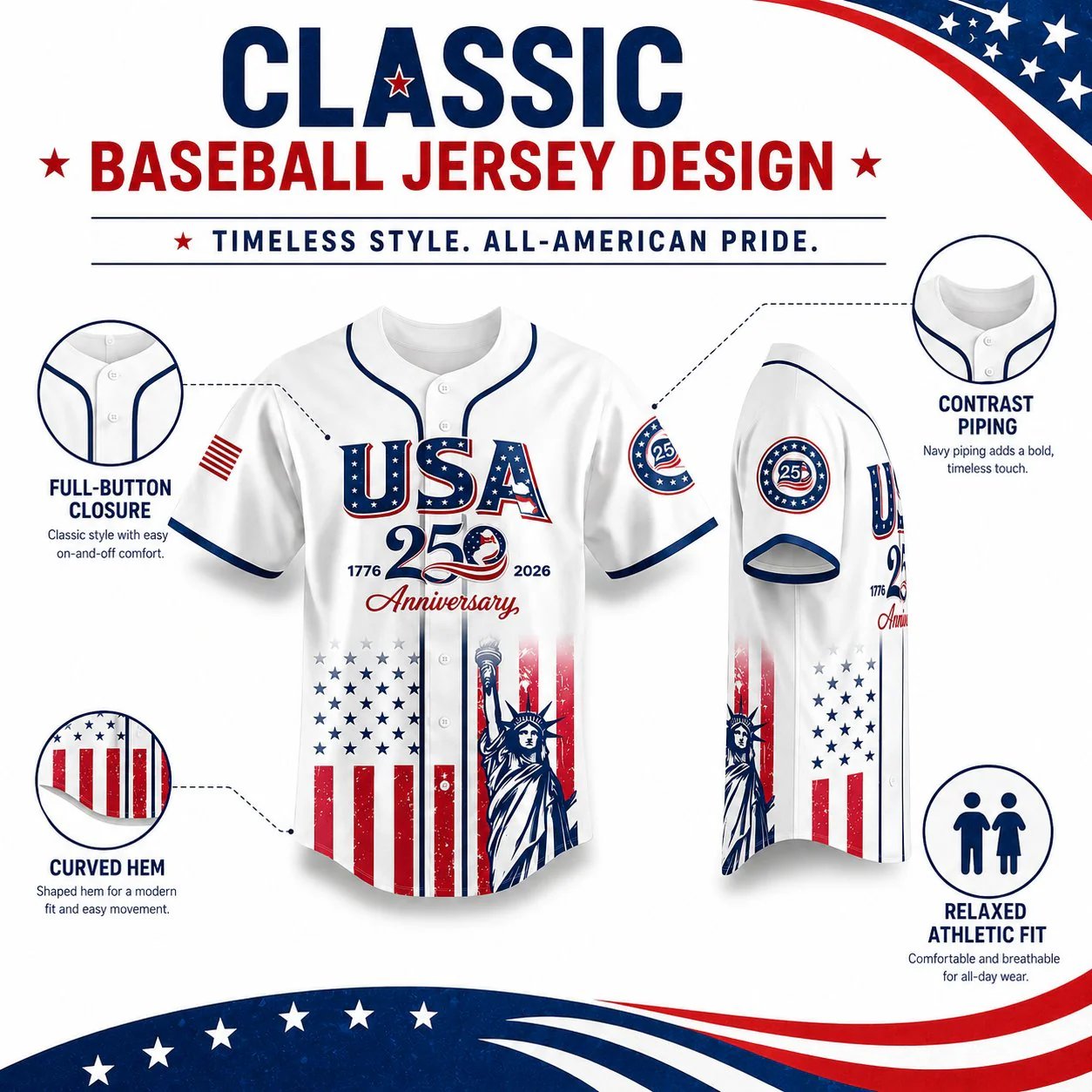 🔥250th Anniversary 70% OFF -🎆⚾250th Anniversary Patriotic Jersey — A Perfect 4th of July Outfit