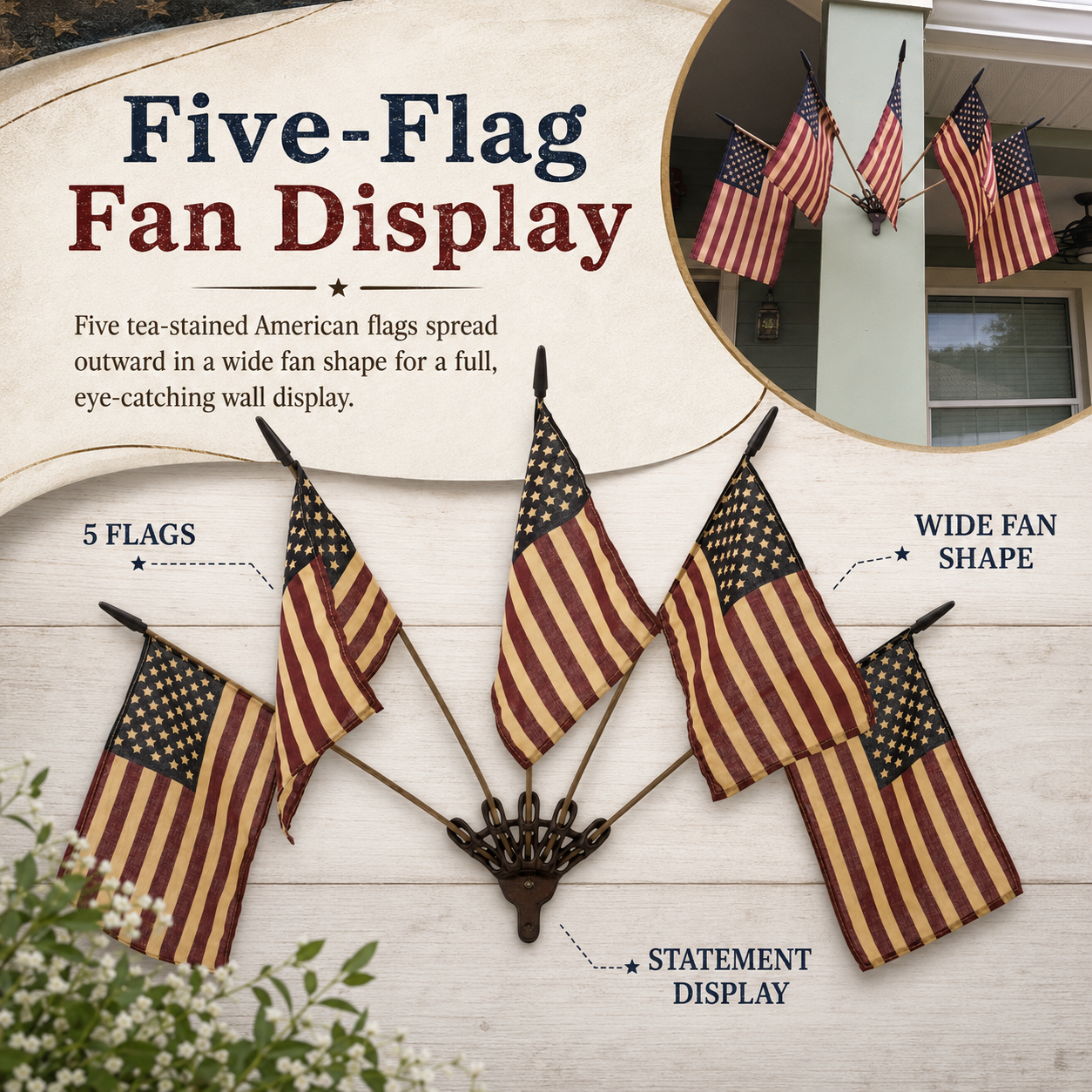 🇺🇸 Celebrate America's 250th Anniversary🎉 | Five Tea-Stained Flags Rustic Cast Iron Wall Display
