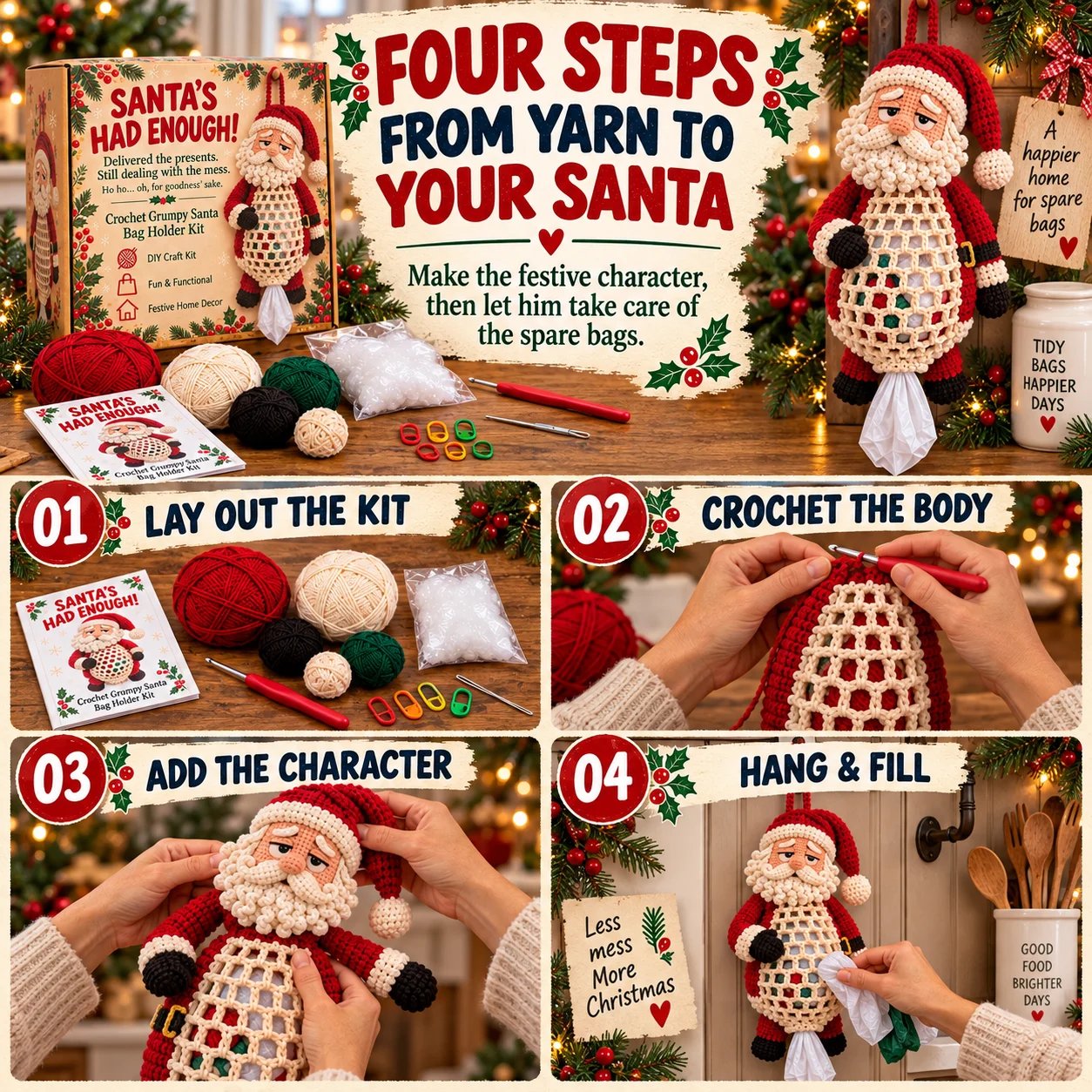 Four illustrated steps from the Santa crochet kit to a hanging bag holder