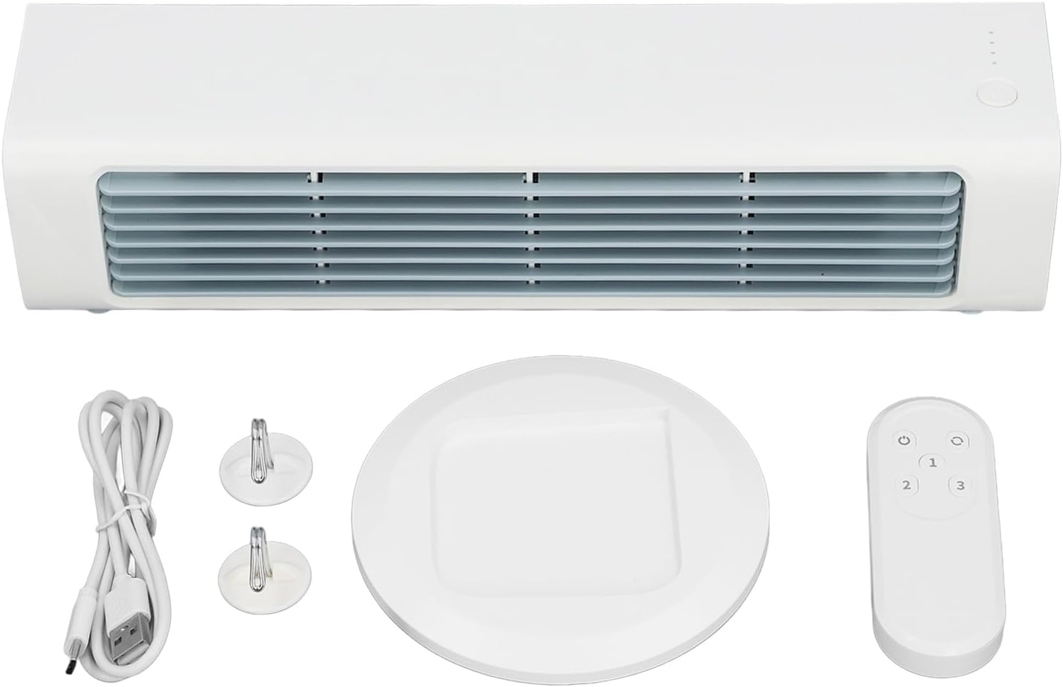 FATA GREUTATE Oszillierender Turmventilator, Schreibtisch-Tischventilator mit 3 Geschwindigkeiten, Fernbedienung, Wiederaufladbar über USB, ohne Flügel, Wandmontage, für Schlafzimmer, Küche,