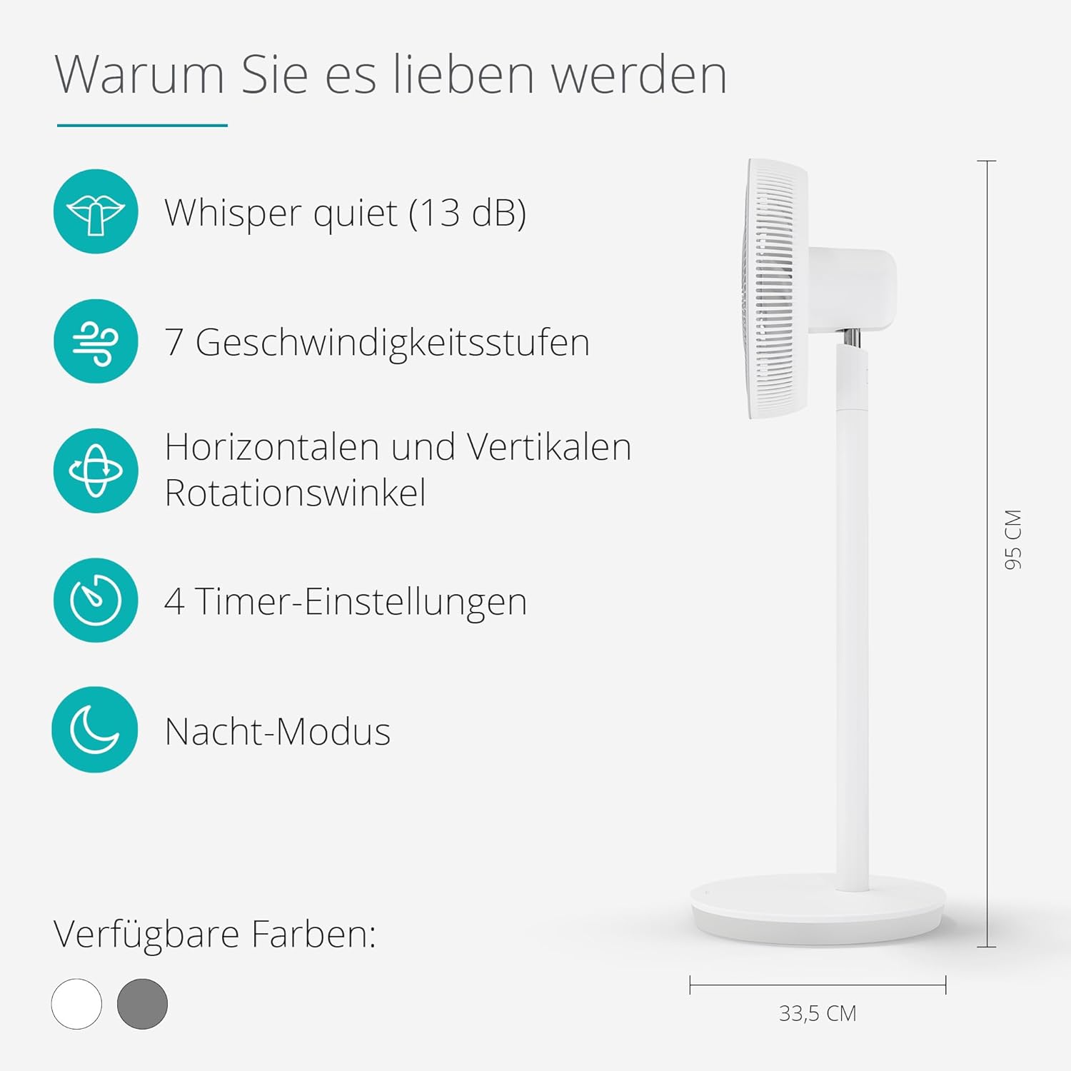 FATA GREUTATE Whisper Essence Standventilator sehr Leise - 120° Oszilation - 7 Geschwindigkeitsstufen - 8-std-Timer - Weiß