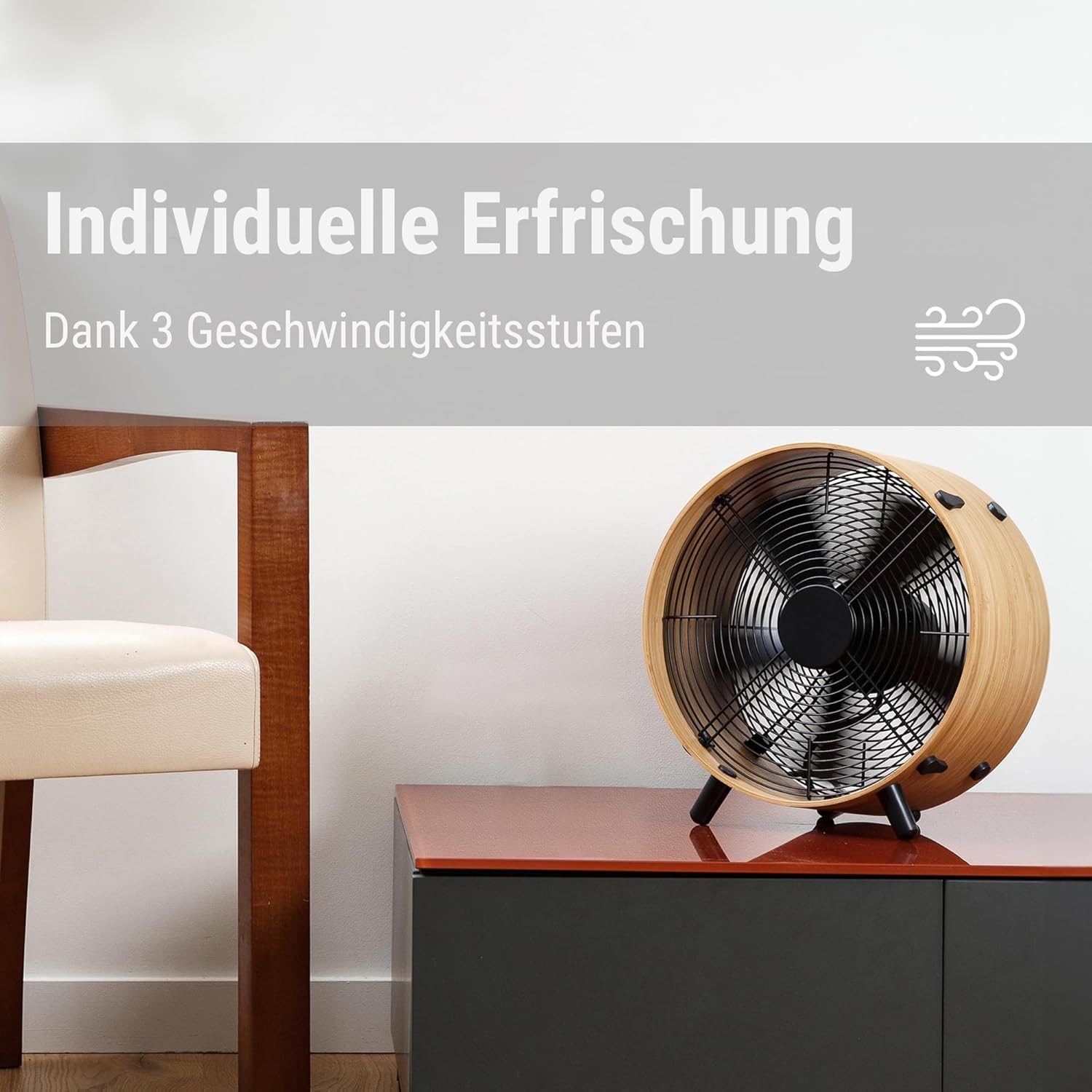 FATA GREUTATE Ventilator Otto, aus Bambus, mit 3 Geschwindigkeiten, ideal im Sommer und fürs Schlafzimmer, Wohnzimmer und Büro geeignet, einfache Reinigung, 50 Watt