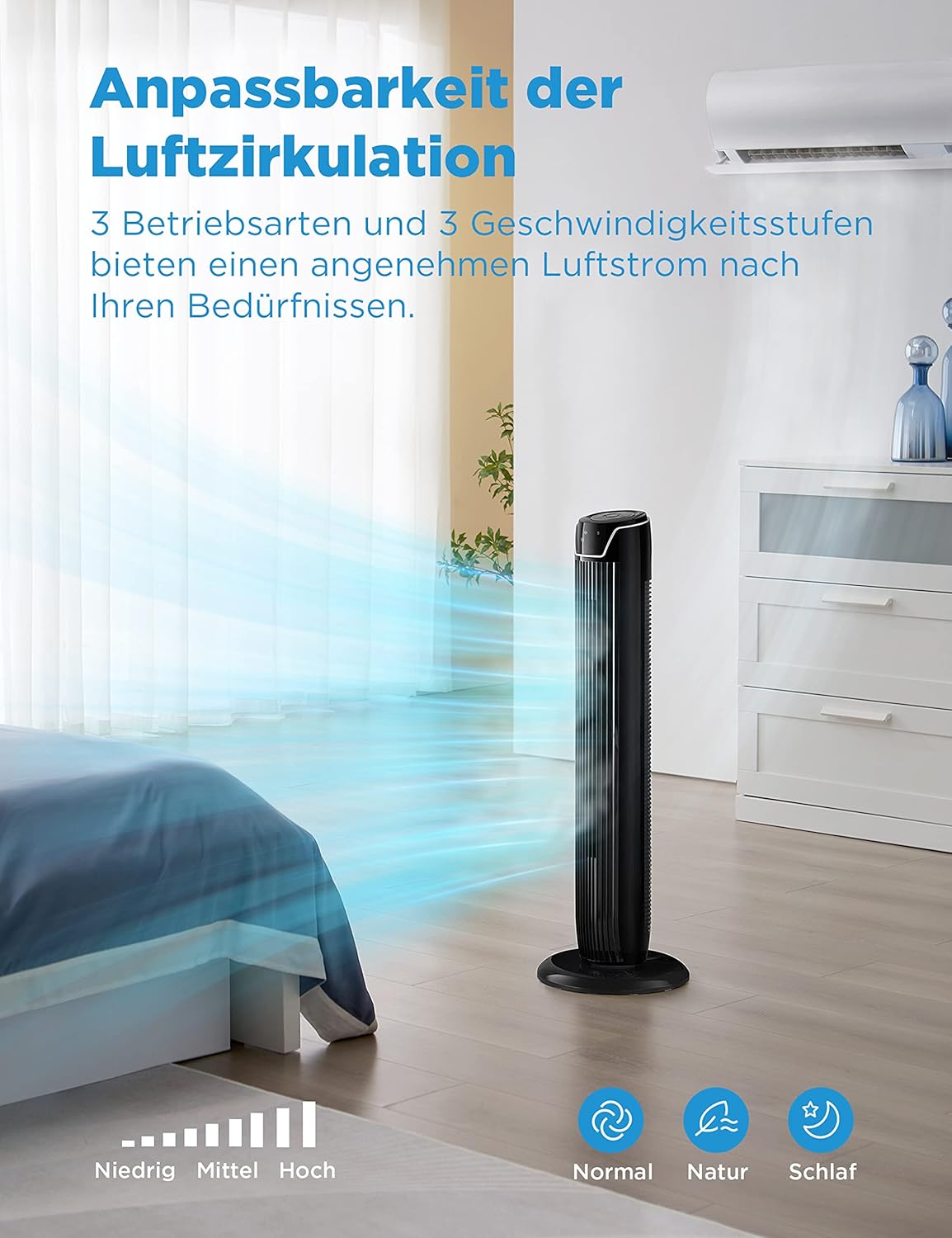 FATA GREUTATE FZ10-17JR Turmventilator Leise mit Fernbedienung 92CM, mobiler Lüfter,Ventilator Säulenventilator,7 Stunden Timer,3 Modi,3 Geschwindigkeiten,45W Standventilator,Schwarz