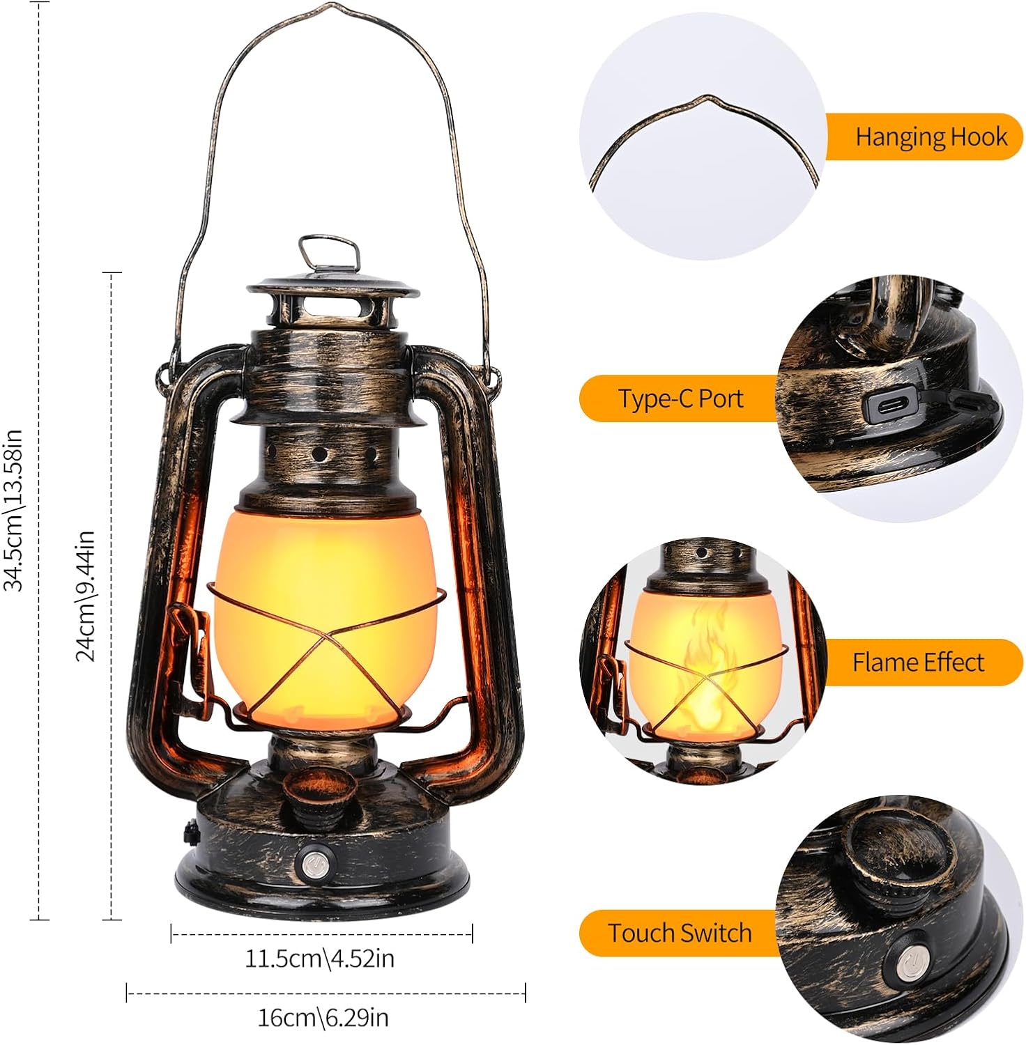 FATA GREUTATE 2 Pack Realistische Flackerflamme Hängende Laterne mit Touch Switch, USB -Ladung, Antike Metall Laterne für Innen Draußen Garten Camping Terrasse Veranda [Energieklasse A]