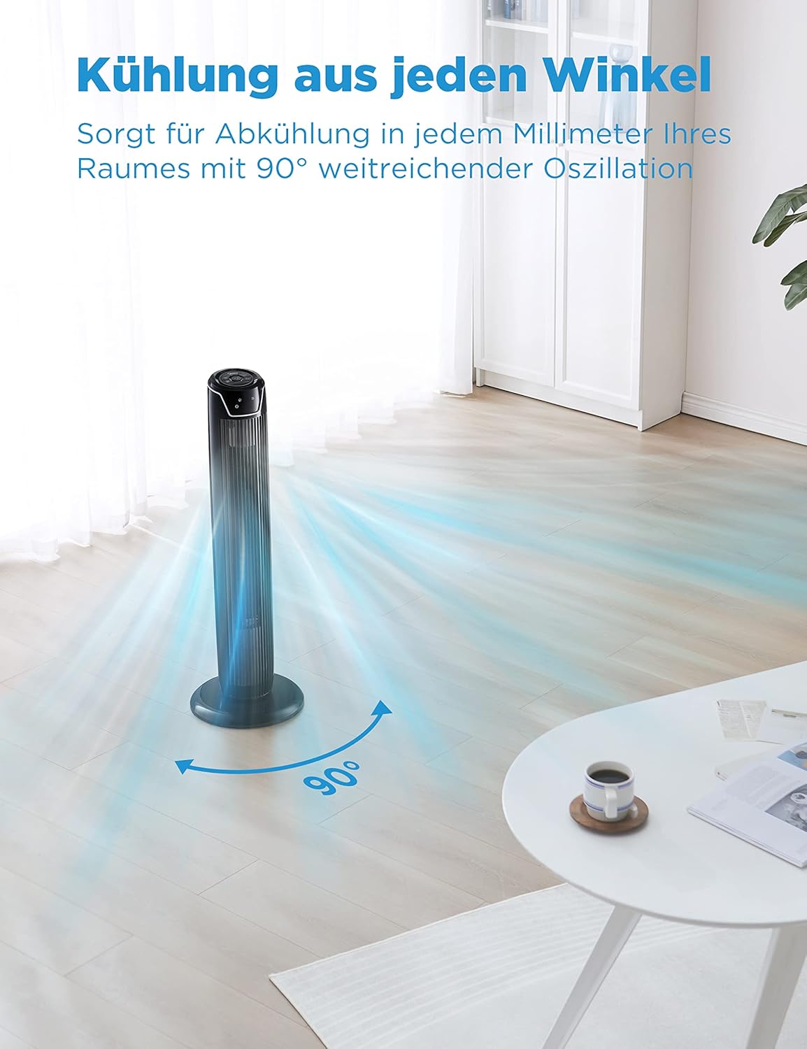 FATA GREUTATE FZ10-17JR Turmventilator Leise mit Fernbedienung 92CM, mobiler Lüfter,Ventilator Säulenventilator,7 Stunden Timer,3 Modi,3 Geschwindigkeiten,45W Standventilator,Schwarz