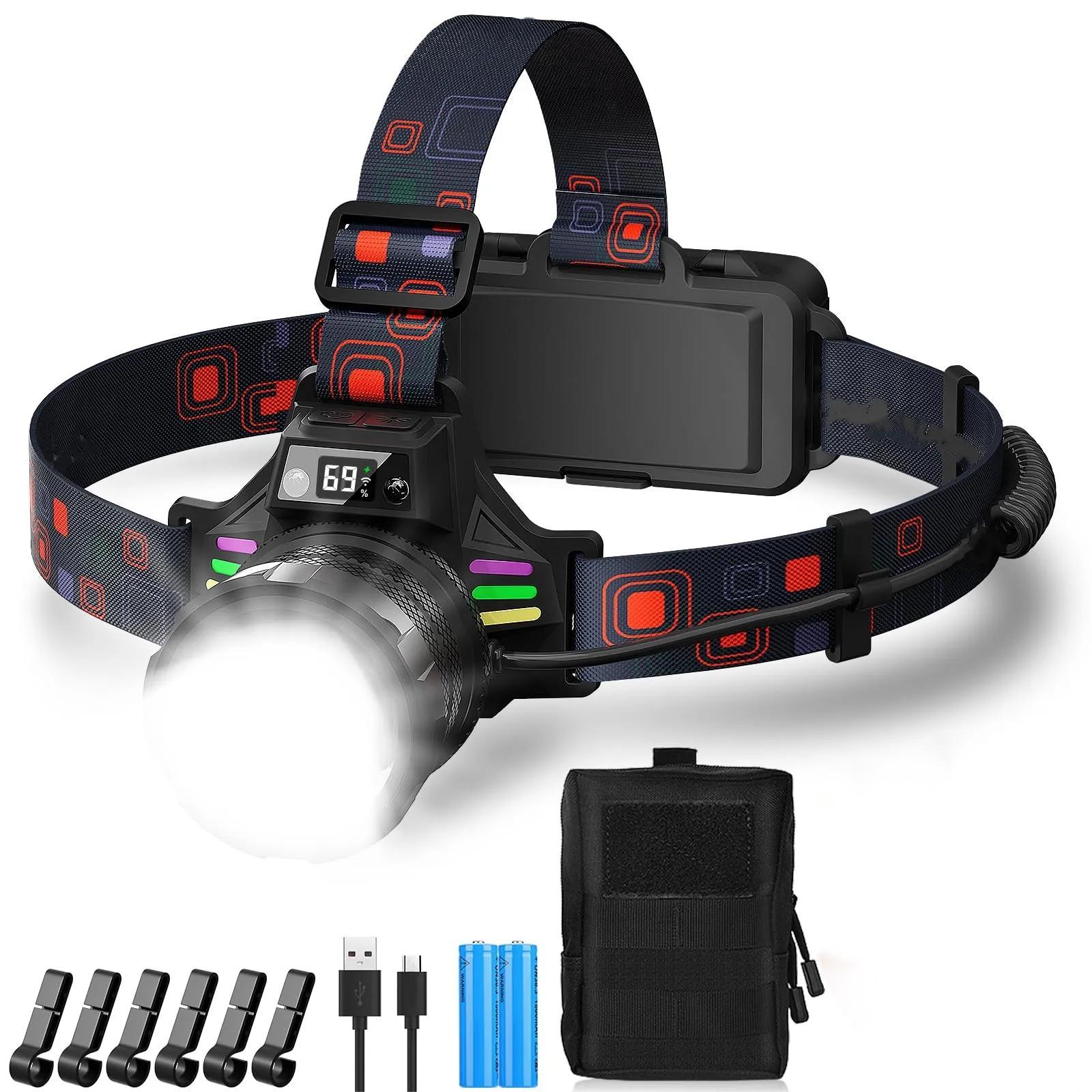 FATA GREUTATE Stirnlampe Led Wiederaufladbar,Superhell 100000 Lumen Zoombar Kopflampe Stirnlampe mit Sensor,3 Lichtquellen und Leistungsanzeige,5000 mAh AKKU IPX7 Wasserdicht Stirnlampen für Outdoor Camping Angeln