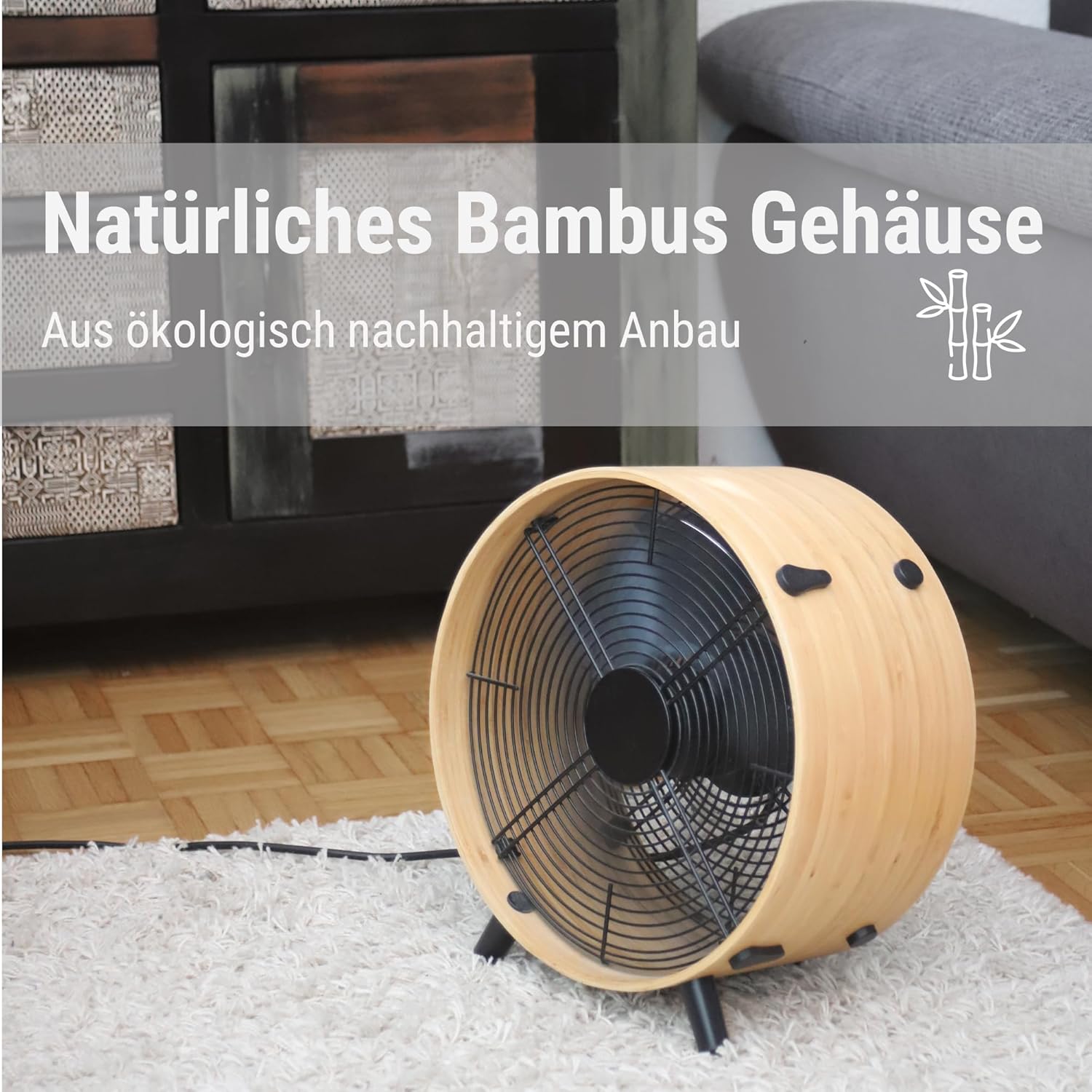 FATA GREUTATE Ventilator Otto, aus Bambus, mit 3 Geschwindigkeiten, ideal im Sommer und fürs Schlafzimmer, Wohnzimmer und Büro geeignet, einfache Reinigung, 50 Watt