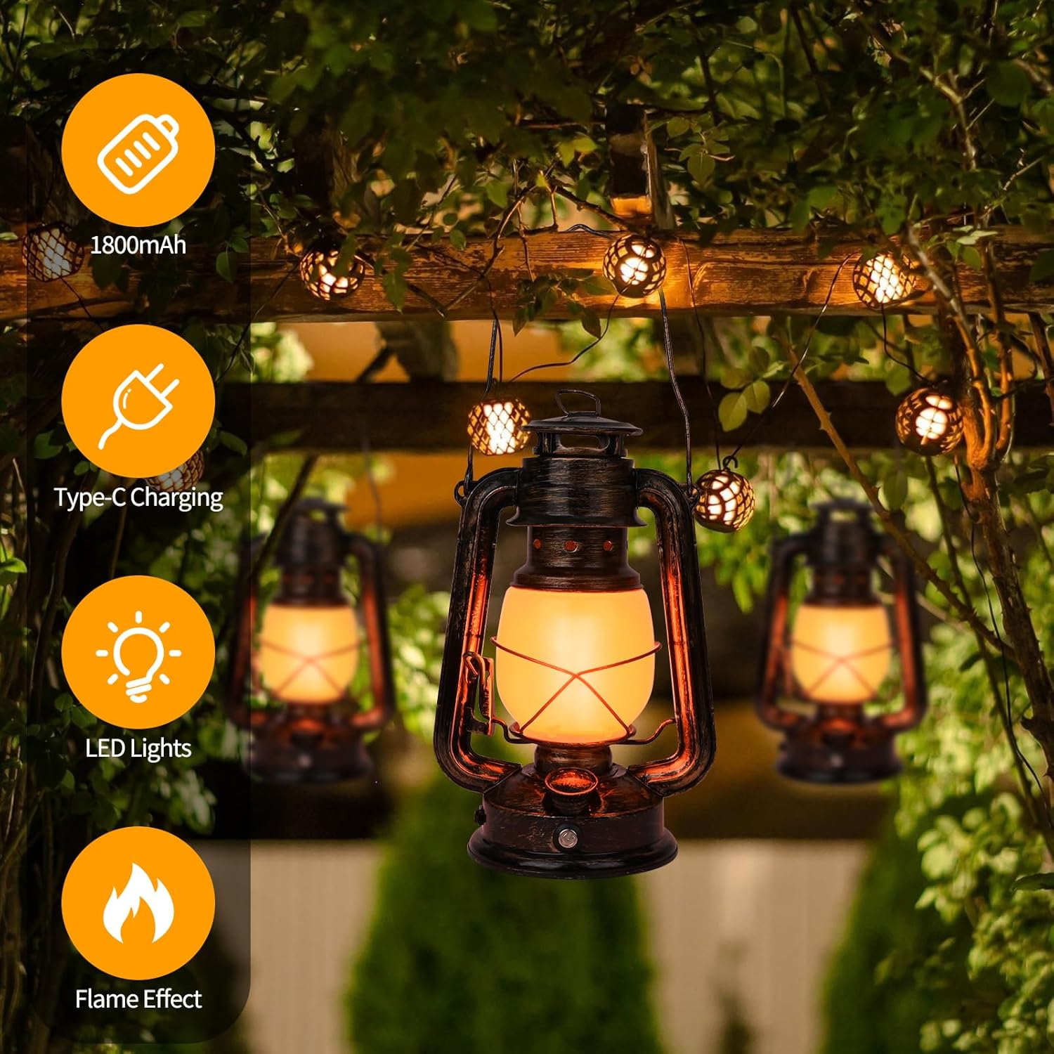 FATA GREUTATE 2 Pack Realistische Flackerflamme Hängende Laterne mit Touch Switch, USB -Ladung, Antike Metall Laterne für Innen Draußen Garten Camping Terrasse Veranda [Energieklasse A]