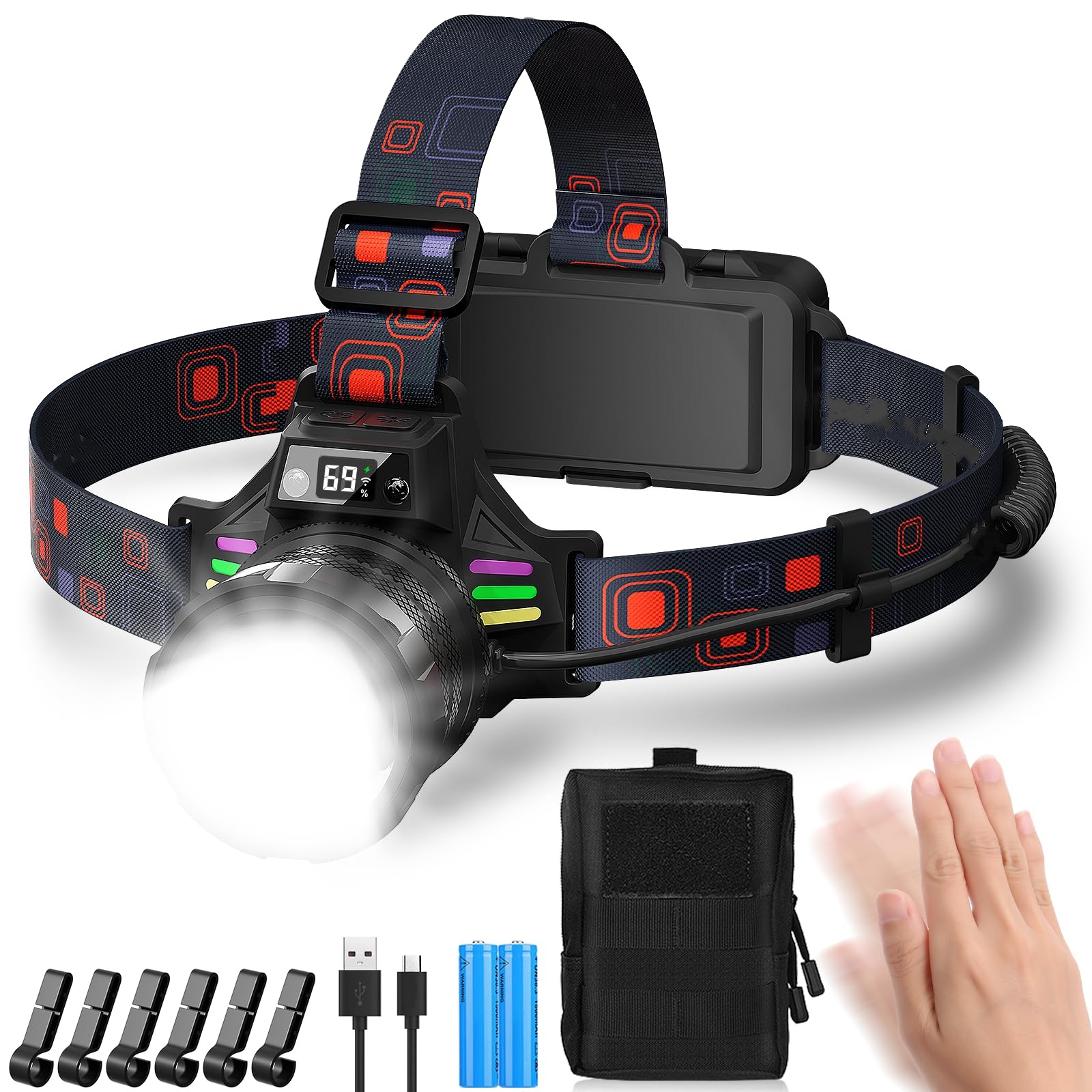 FATA GREUTATE Stirnlampe Led Wiederaufladbar,Superhell 100000 Lumen Zoombar Kopflampe Stirnlampe mit Sensor,3 Lichtquellen und Leistungsanzeige,5000 mAh AKKU IPX7 Wasserdicht Stirnlampen für Outdoor Camping Angeln