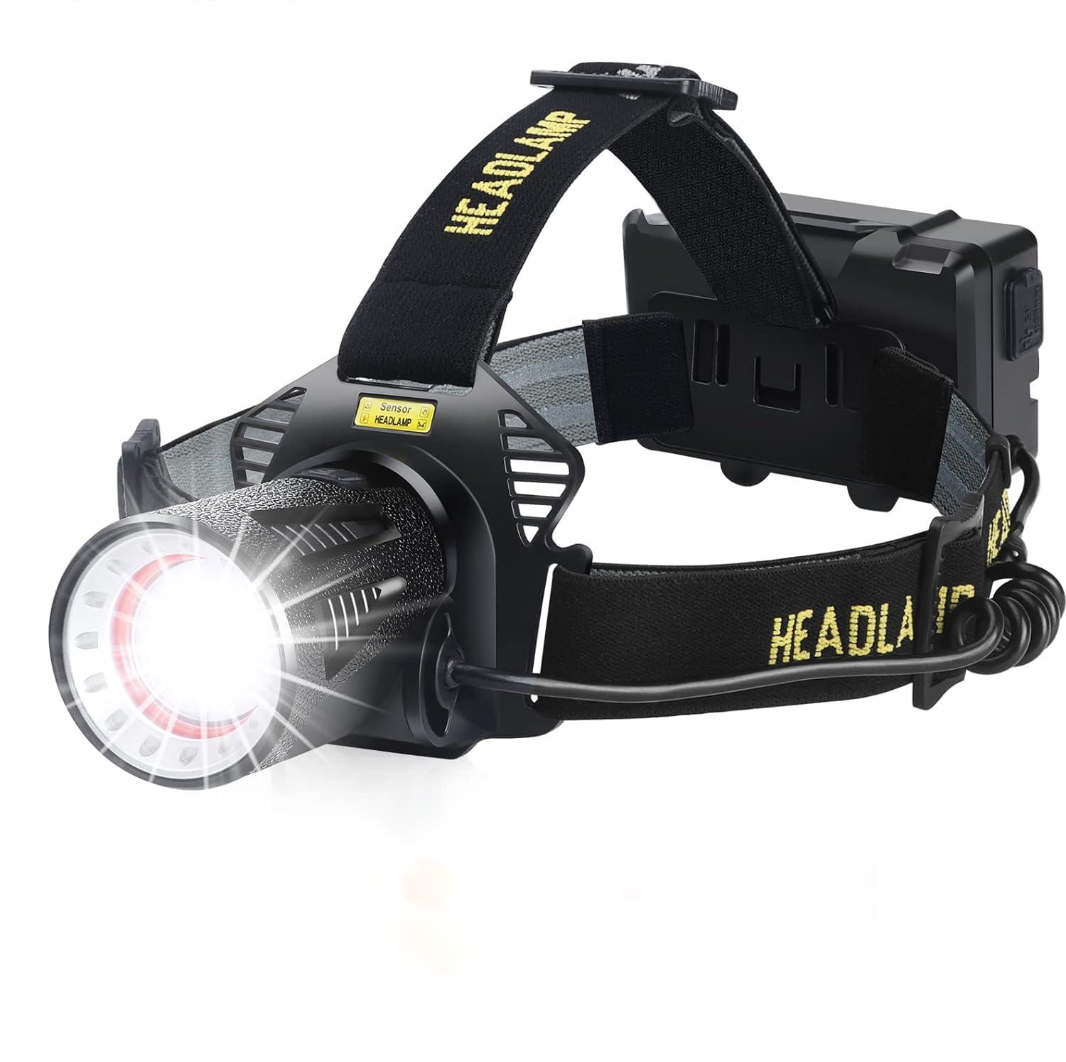 FATA GREUTATE Stirnlampe LED Wiederaufladbar, 150000 LM superhelle Stirnlampe für Erwachsene mit Bewegungssensoren, 7 Modi, Zoombar, IP68 Wasserdichte Kopflampe,10000mAh Batterie, für Joggen-Headlamp Rechargeable