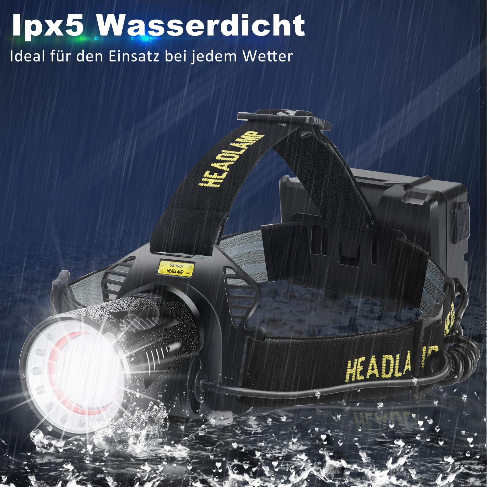 FATA GREUTATE Stirnlampe LED Wiederaufladbar, 150000 LM superhelle Stirnlampe für Erwachsene mit Bewegungssensoren, 7 Modi, Zoombar, IP68 Wasserdichte Kopflampe,10000mAh Batterie, für Joggen-Headlamp Rechargeable