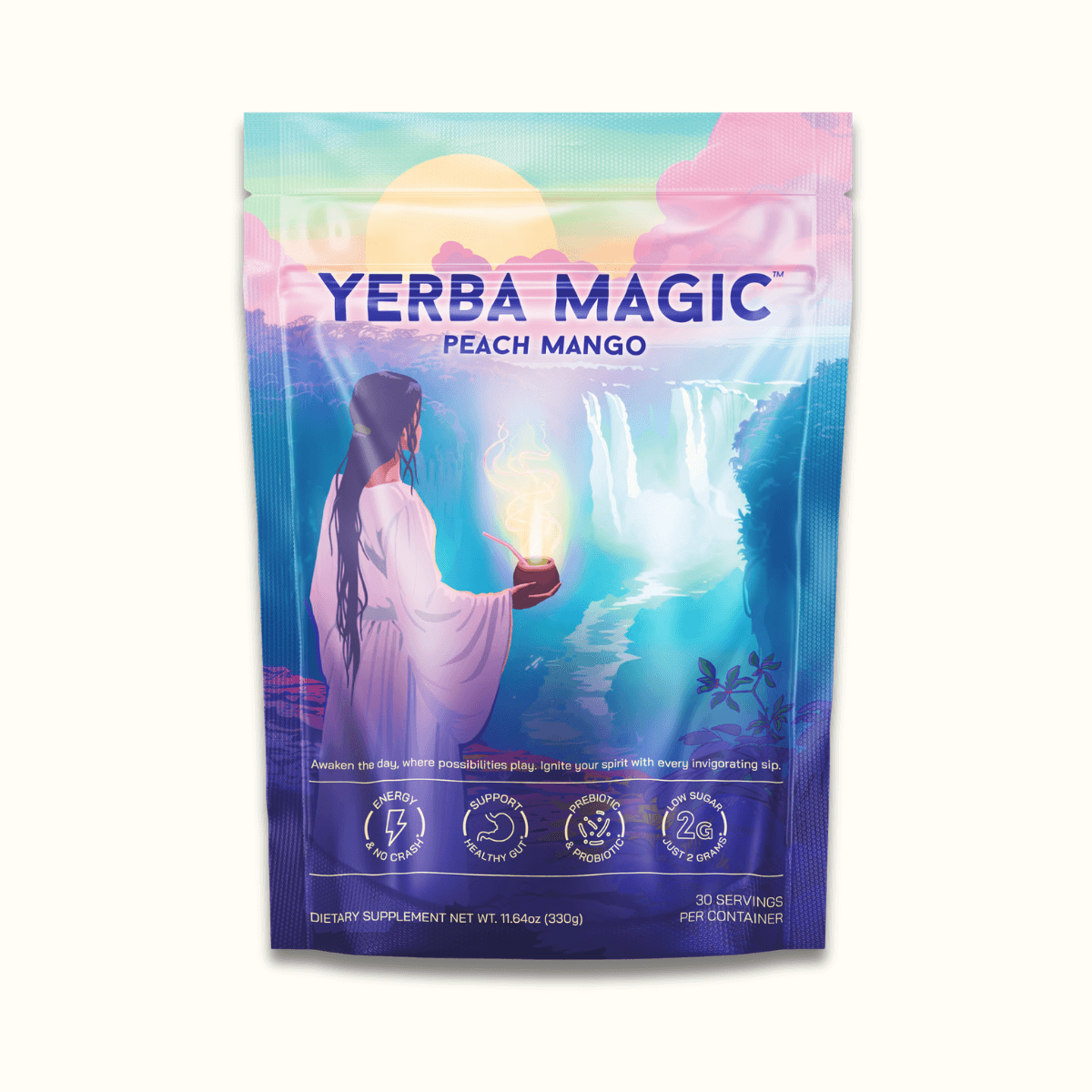 Yerba Magic front packaging - 30 servings peach mango instant tea