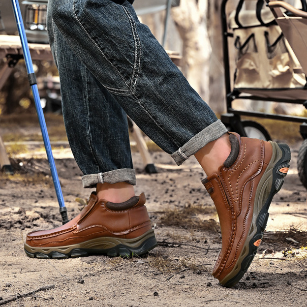 Men's Comfortable Leather Outdoor Shoes - Breathable Hiking Slip-Ons
