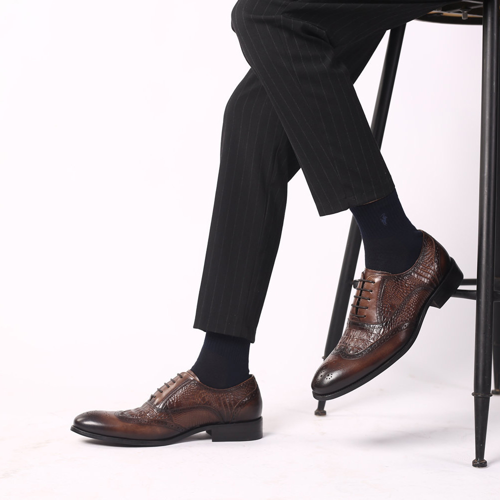 Handmade Men's Dress Shoes Vintage Crocodile Pattern Brogues Oxford