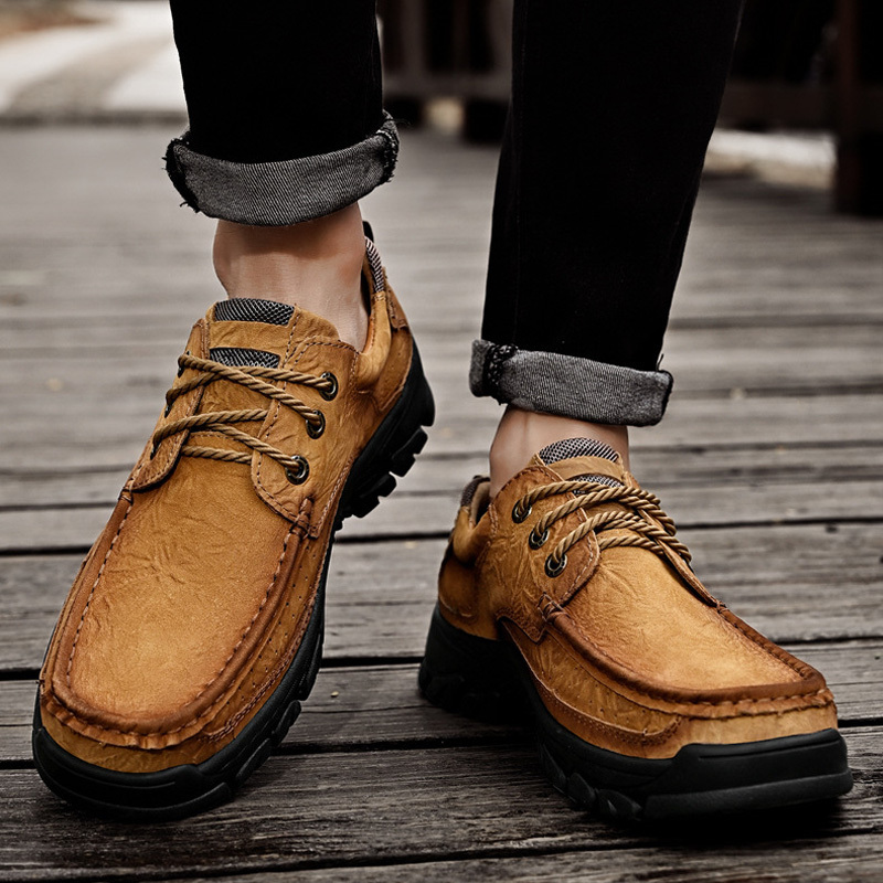 Men's Casual Full-gain Leather Outdoor Shoes Lace-up Wide-toe Loafers