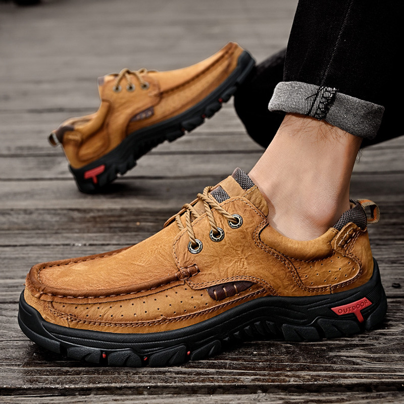Men's Casual Full-gain Leather Outdoor Shoes Lace-up Wide-toe Loafers 