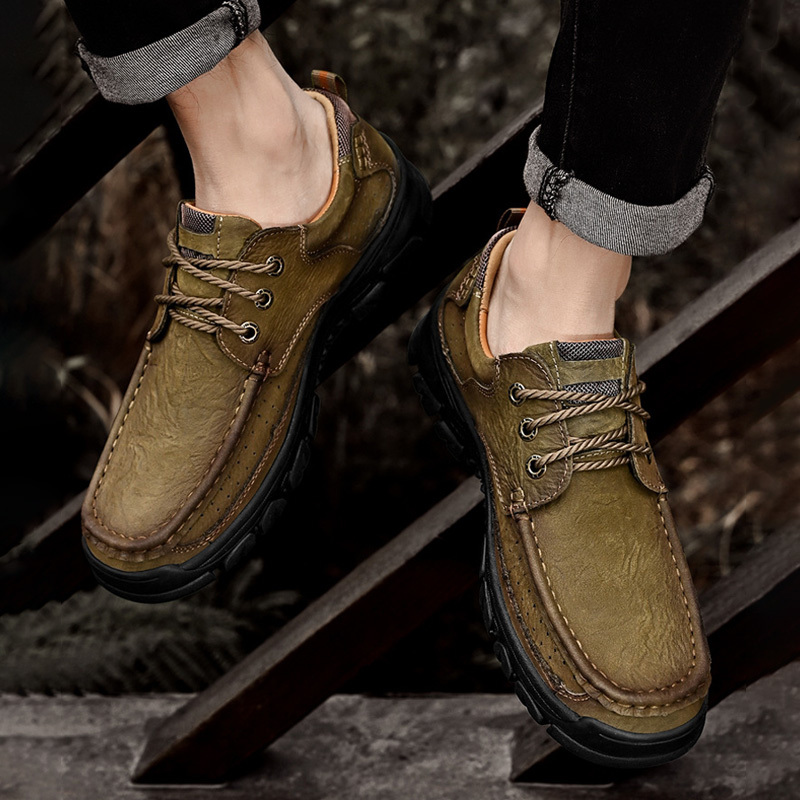 Men's Casual Full-gain Leather Outdoor Shoes Lace-up Wide-toe Loafers