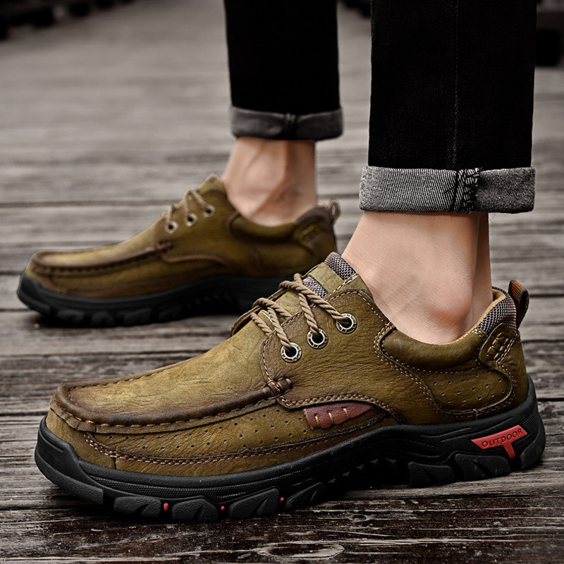 Men's Casual Full-gain Leather Outdoor Shoes Lace-up Wide-toe Loafers