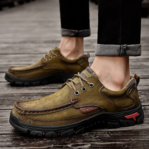 Men's Casual Full-gain Leather Outdoor Shoes Lace-up Wide-toe Loafers 
