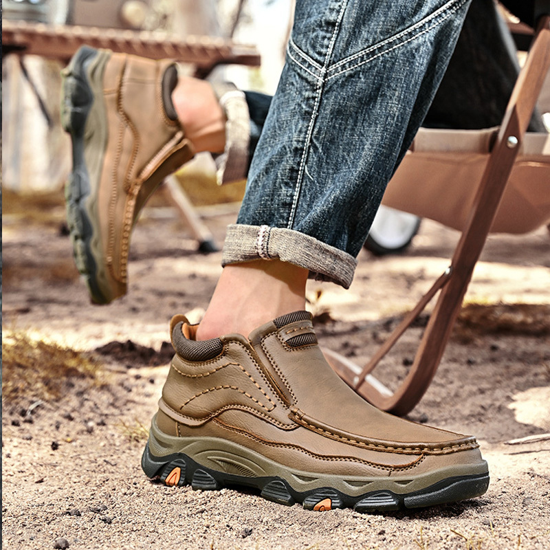 Men's Comfortable Leather Outdoor Shoes - Breathable Hiking Slip-Ons